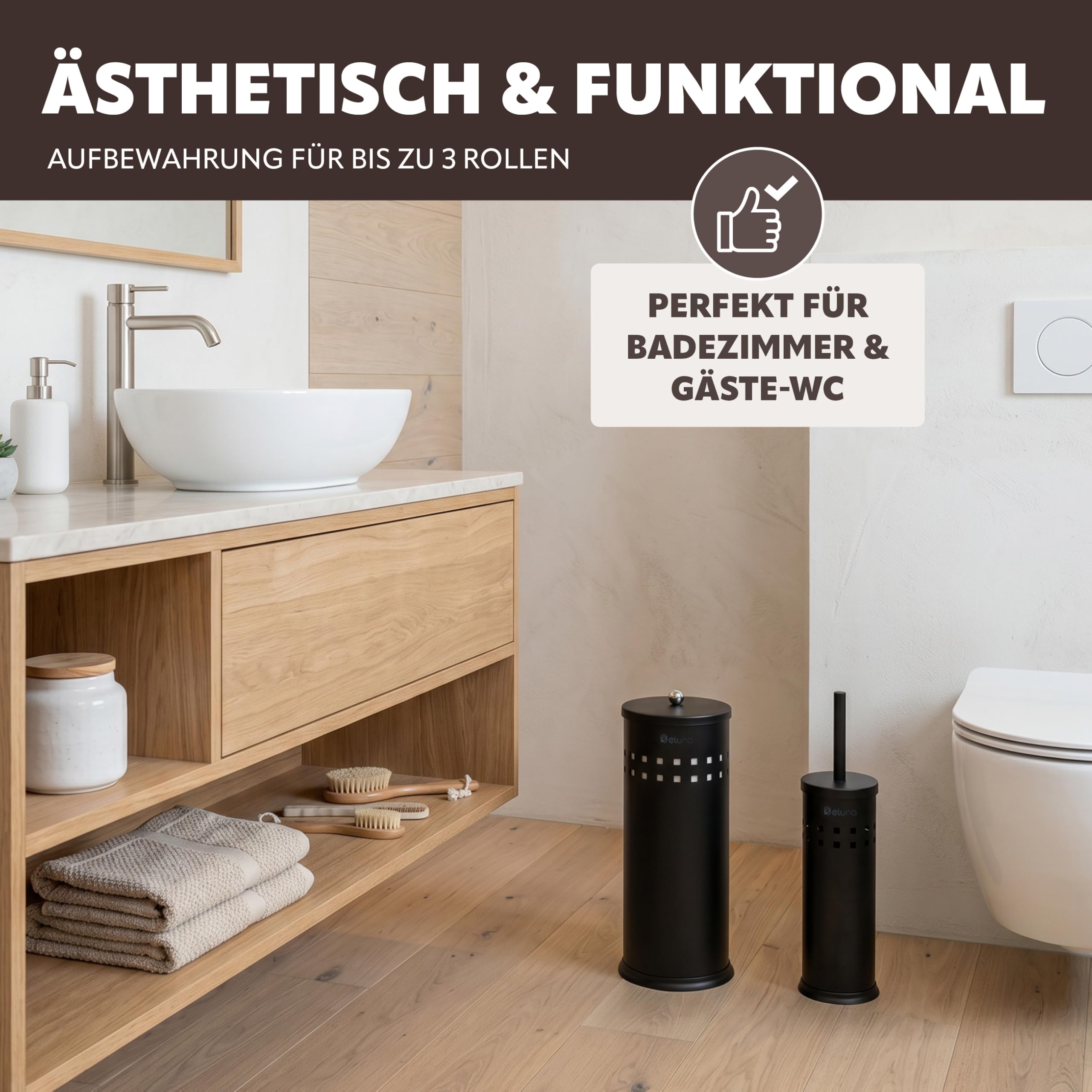 eluno Bad-Set AGLIANO 2tlg. mit Loch-Dekor, bestehend aus 1x WC-Garnitur und 1x Toilettenpapier Aufbewahrung, rund aus schwarzem Metall
