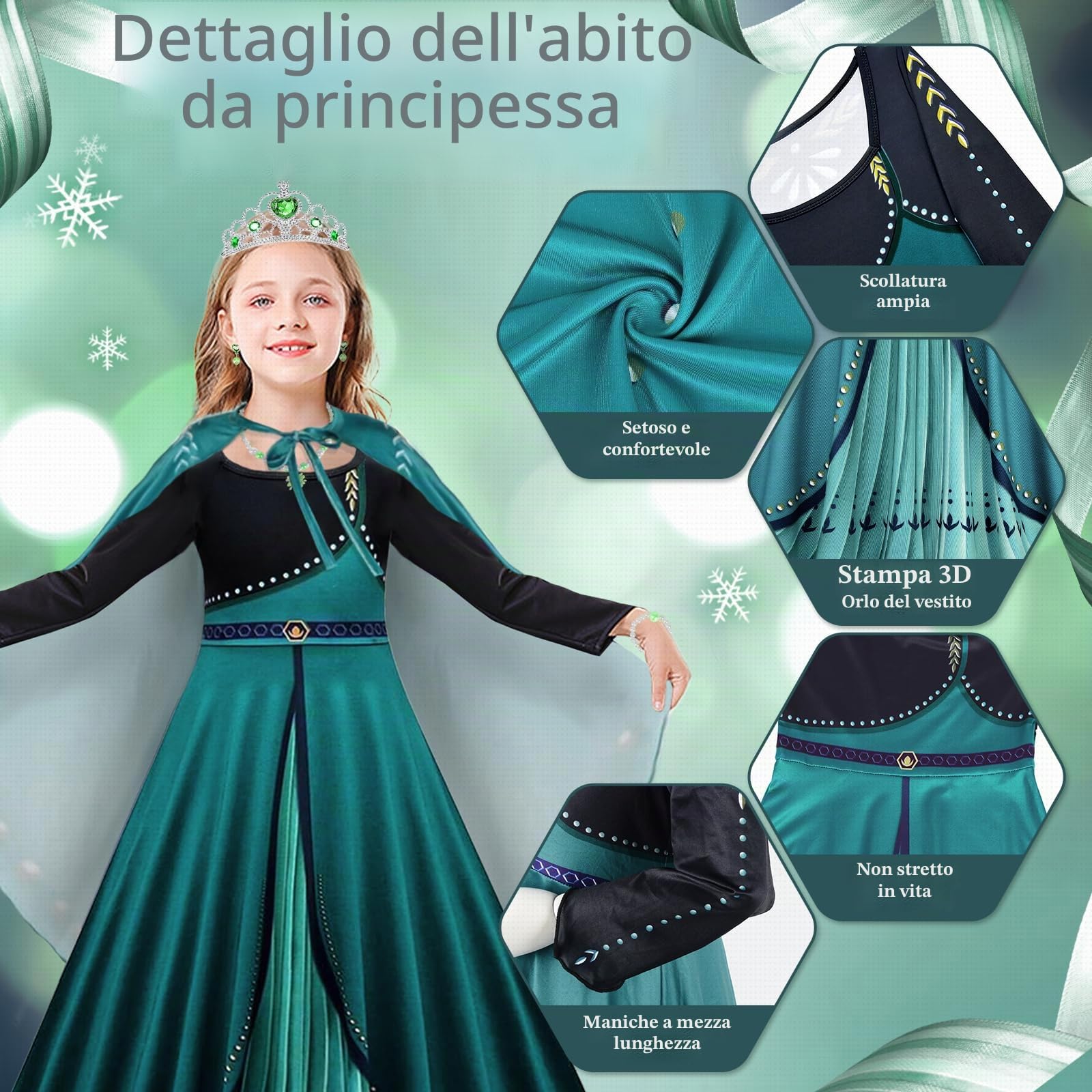 TOLOYE Costume Anna per Ragazza, Anna Vestito Principessa con Mantello, Elsa Vestito Set per Bambini, Anna Costume Princess Vestito per Ragazze Festa di compleanno Carnevale Cosplay