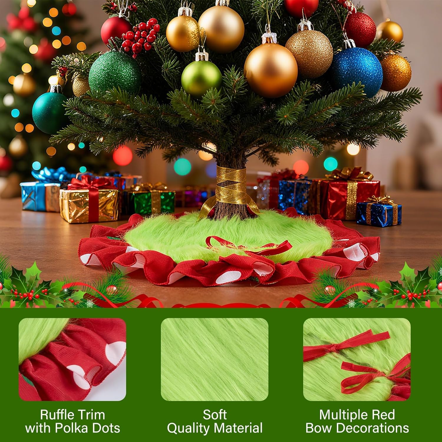 Mini Christmas Tree Skirt, 15 Inch Mini Green Faux Fur Christmas Tree Skirt with Red Ruffle Trim, Faux Soft Thick Plush Round Mat for Merry Xmas Holiday Party Indoor Home Decorations