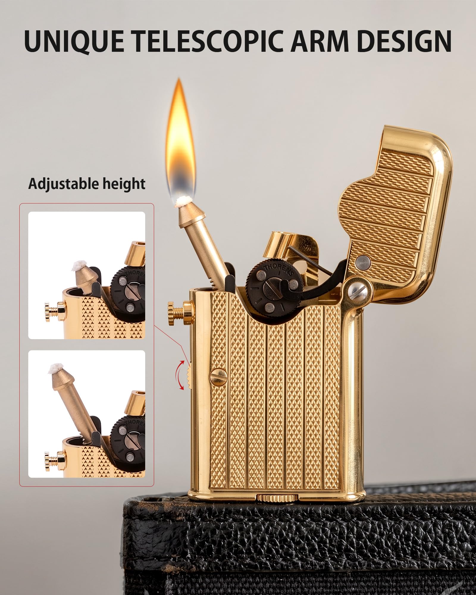 THORENS Gen 7 - Single Claw - TELEFLAM - Fluted Gold Mechero de Queroseno | Latón, llama suave automática, brazo telescópico para cazoleta de pipa, bloqueo seguro, caja regalo, regalo hombre