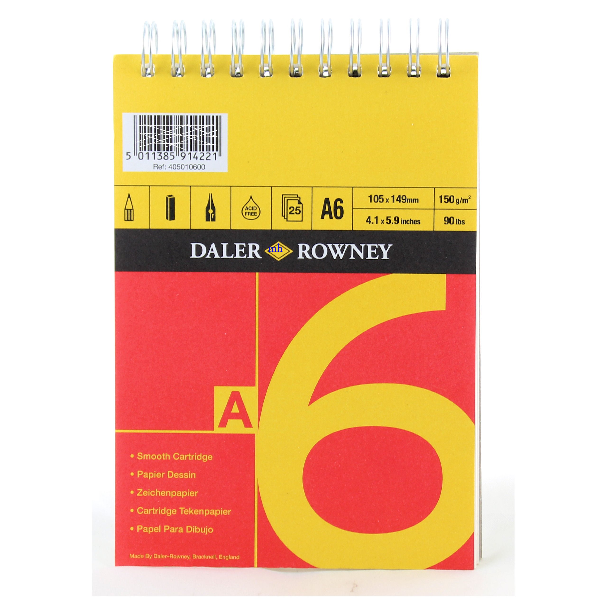 Daler Rowney White Daler-Rowney Red And Yellow, Drawing Paper, Smooth Surface, 150 Gsm, 90Lb, Spiral Pad, A6 - 4.1 X 5.8In - 10.5 X 14.8 Cm, Natural 25 Sheets