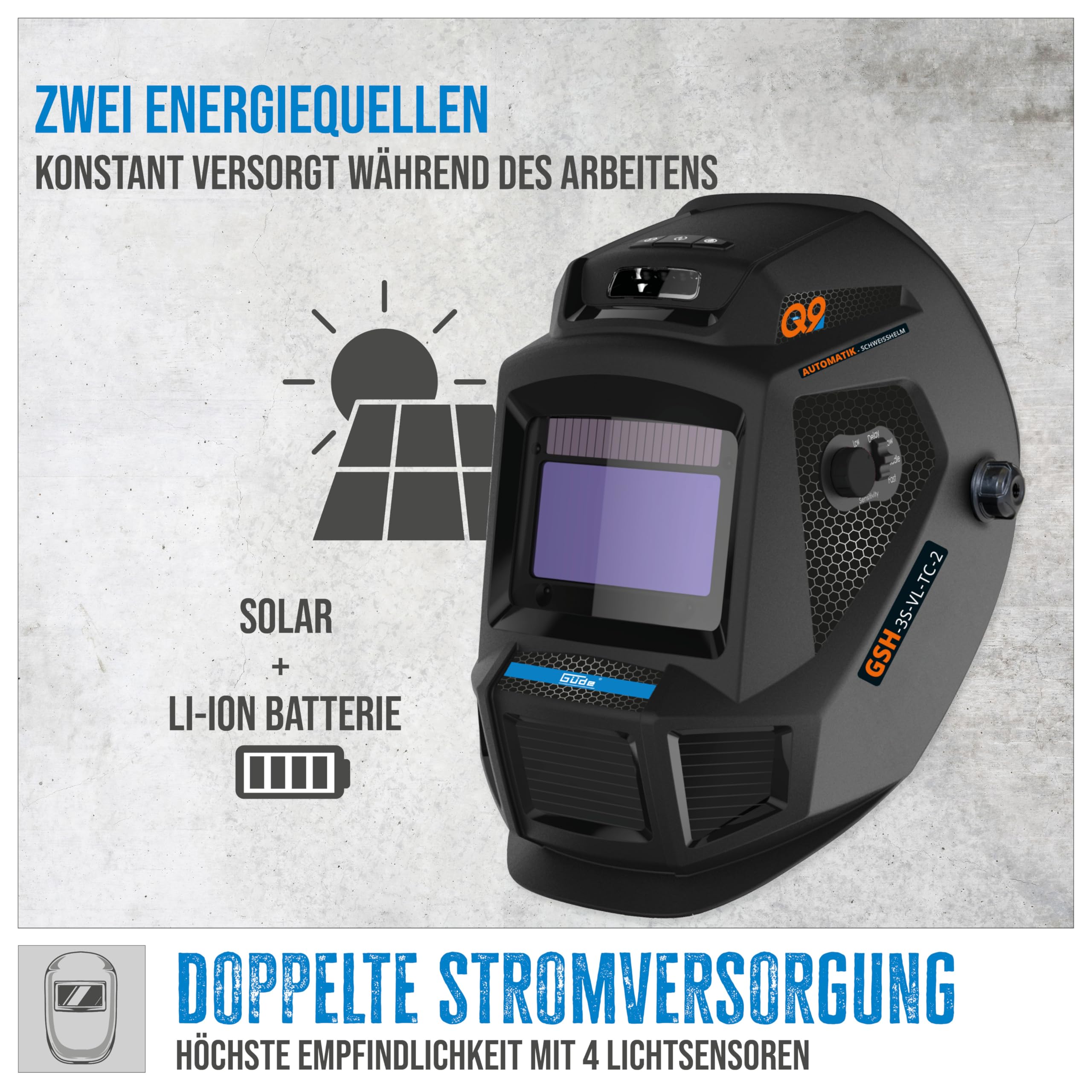 Güde Automatyczny kask spawalniczy GSH-3S-VL-TC-2 (do cięcia/szlifowania/spawania, baterii solarnych i litowo-jonowych, filtr True Color, filtr przyciemniający do samochodu (95 x 55 mm), wentylator i