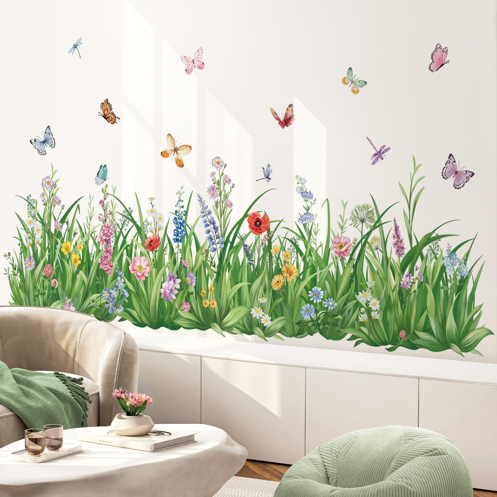 wondever Green Grass Wall Corner Stickers Flowers Butterflies Wildflower Baseboard Skirting Line Wall Decals for Bedroom Living Room - Image 2