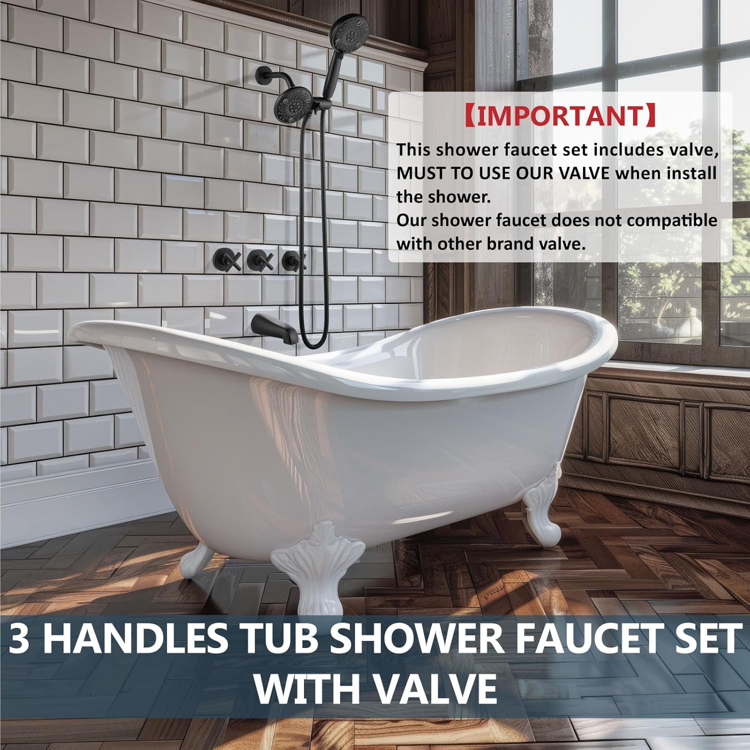 Aolemi 3 Handles Tub Shower Faucet Set with Valve Bathtub Combo Set Dual Shower Head System Complete Trim Kit Wall Mounted Matte Black