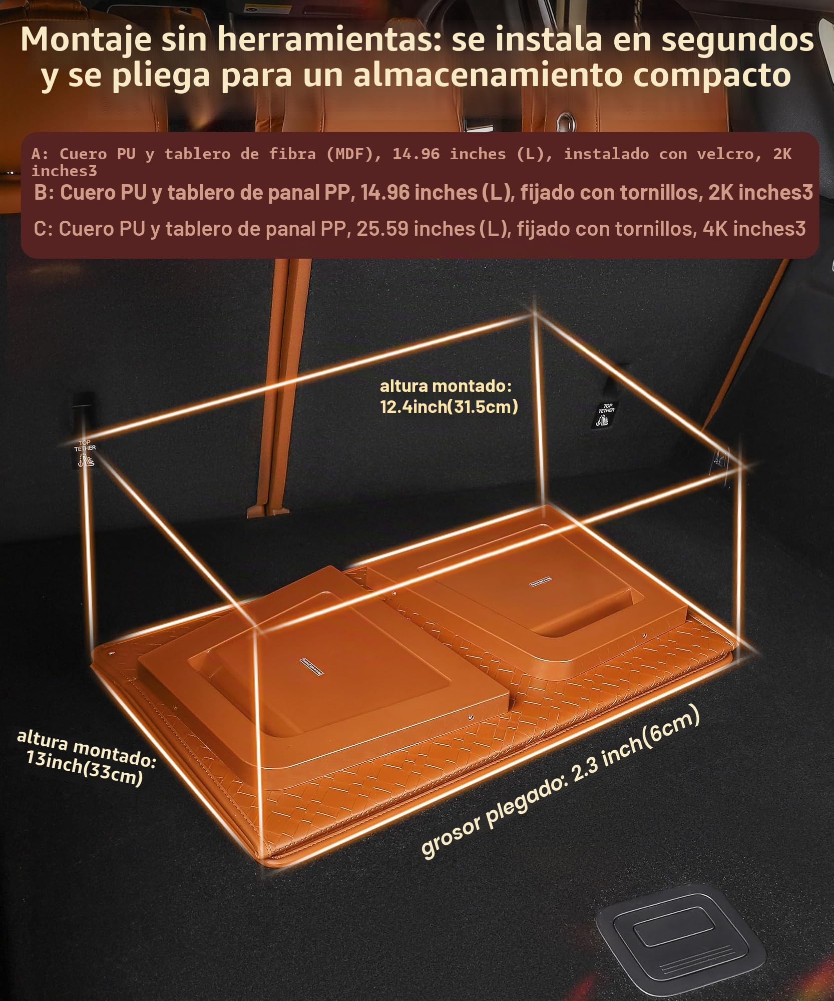 Organizador de maletero, Caja de almacenamiento para auto, Storagebox de cuero con tapa, plegable y ajustable, 32,8 litros de capacidad (Talla B)