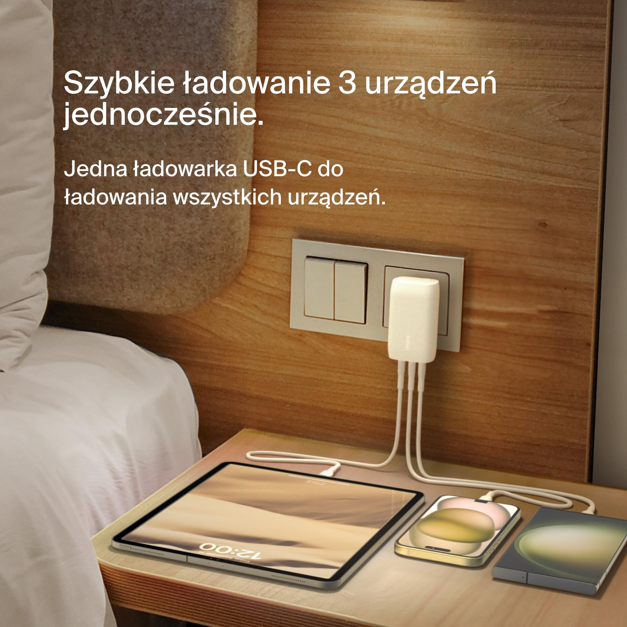Belkin BoostCharge 3-portowa ładowarka sieciowa USB-C z PPS 67 W, USB-C PD 3.1 do szybkiego ładowania urządzeń iPhone serii 15, MacBook Pro, AirPods, Galaxy i innych z obsługą PD – kolor biały
