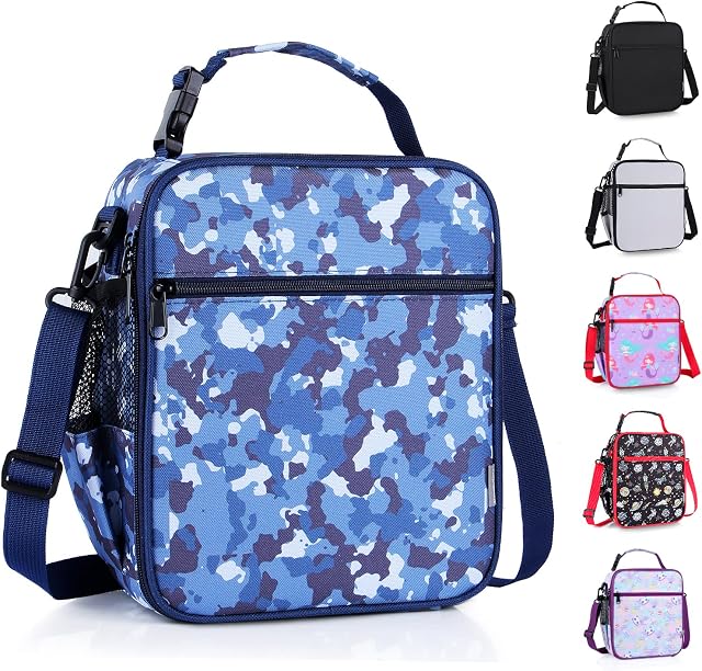 hombrima Kids Insulated Lunch Box Bag, Thermal Picnic Cool Bags with Adjustable Strap for Adults Children Women Men Boys Girls School Work(CamBlue)