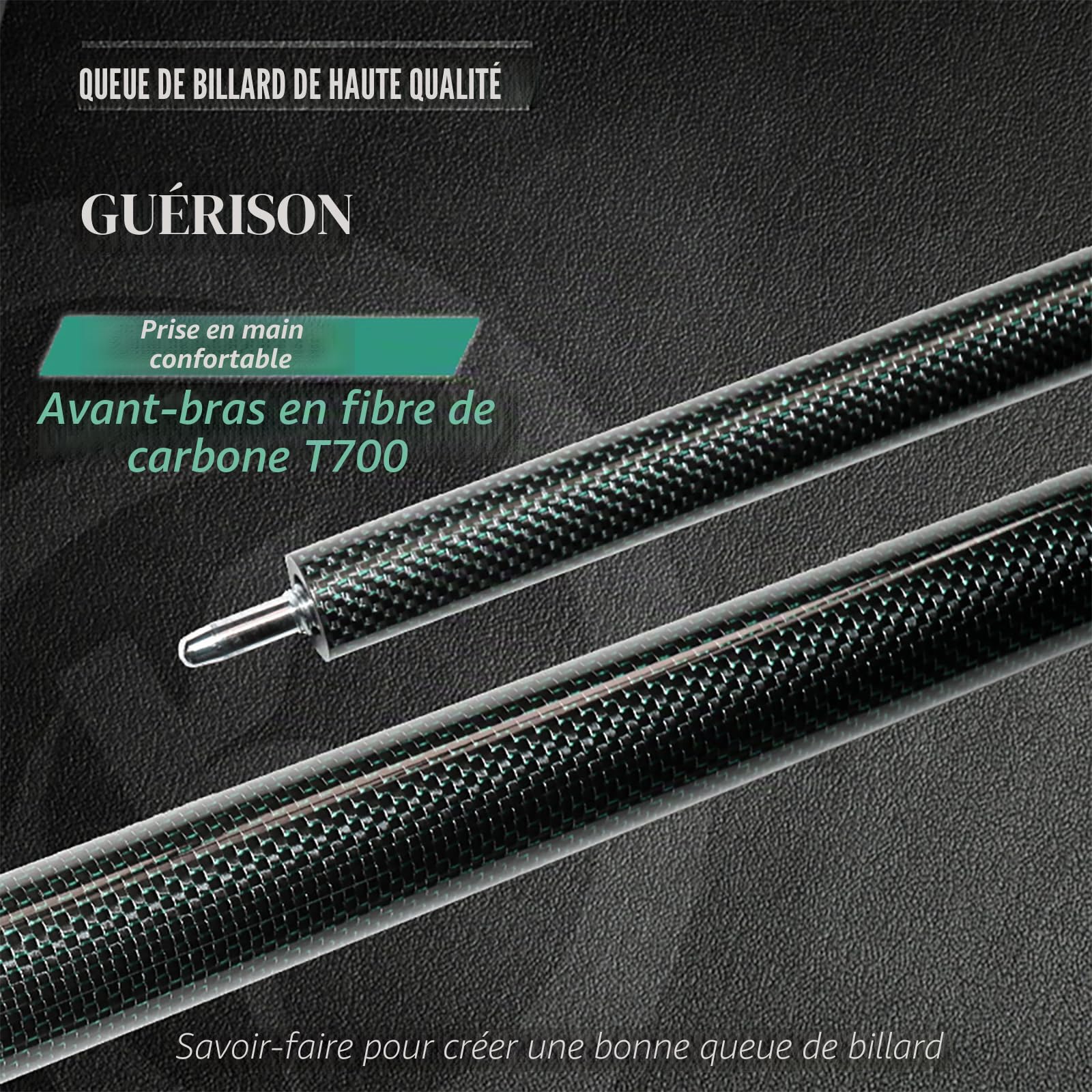 KHEALING Queue de billard en fibre de carbone de 58 pouces, structure 1/2, connecteur à 3 dents, pointe de 12,4 mm, 540-567 g, convient pour les joueurs de billard professionnels