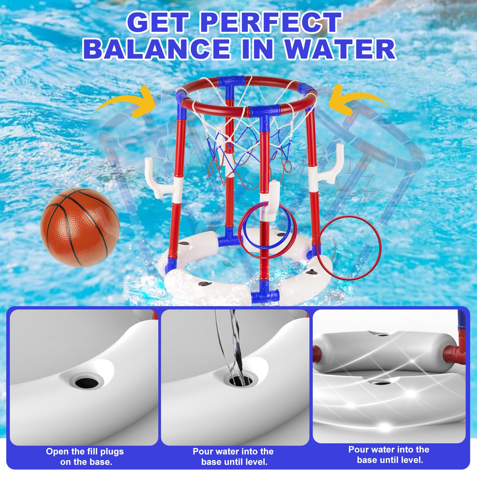 2-in-1 Schwimmbad-Basketballkorb, stabiles schwimmendes Pool-Basketballkorb-Set, Wasser-Basketballkorb für Pool-Party, Spaß und Outdoor-Indoor-Familienspiele