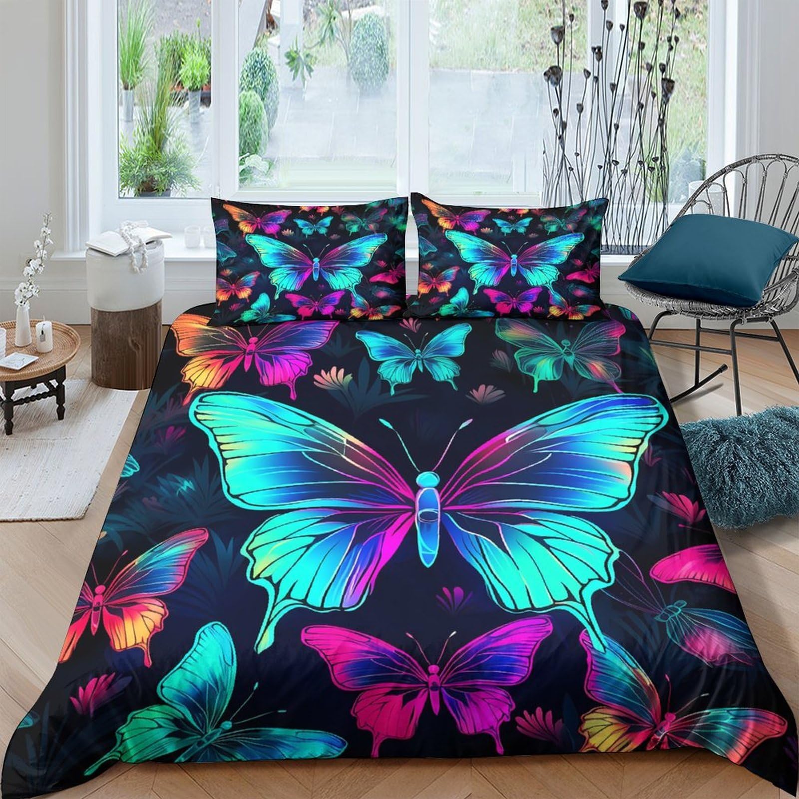 Ctjqhvkz Style-3 3D Printed Neon Butterfly Fitted Sheet Microfiber Soft Breathable Rainbow Wings Bed Cover For Bedroom Dorm Mattress Decor Single（135X200cm）