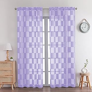 OVZME Lavender Sheer Curtains 84 Inch Length 2 Panels - Checkered Light Filtering Soft Airy Voile, Clip Jacquard Textured Drapes for Bedroom Living Room Window, Dual Rod Pocket, 2x42Wx84L