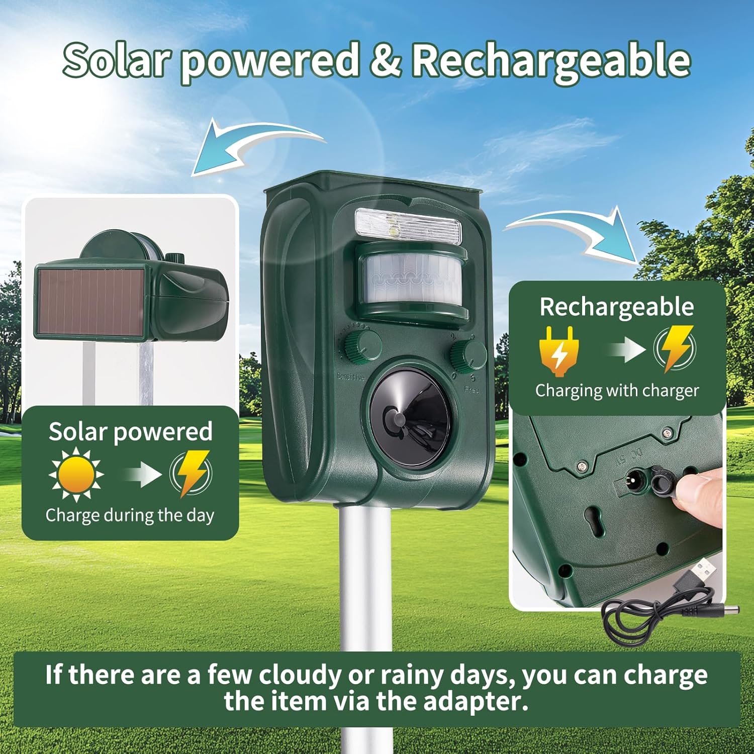 Upgraded Solar Ultrasonic Squirrel Deer Repellent Devices Motion Detection 5 Adjustable Modes, Cat Raccoon Rabbit Dog Deterrent, Animal Repellent with Waterproof for Yard, 1P Dark Green