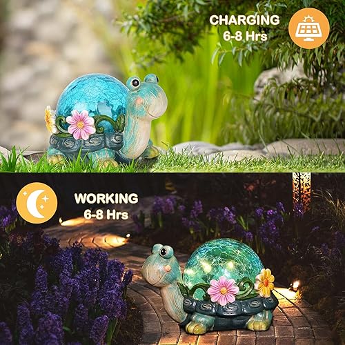 Miniatura 2 de Afirst Estatuas solares de jardín para exteriores, adorno de césped de tortuga con luces solares de vidrio agrietado para decoración de patio