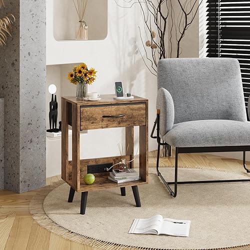 Miniatura 9 de GYIIYUO Mesita de noche con estación de carga y cajón de tela, mesa auxiliar con almacenamiento para dormitorio, mesita de noche con estante de