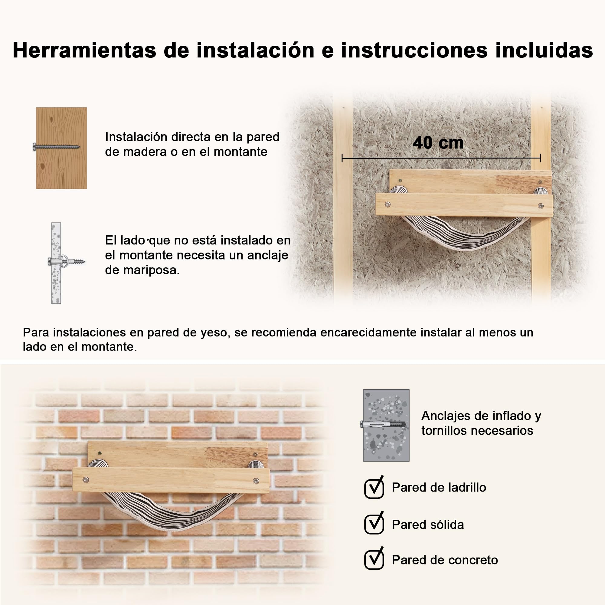 FUKUMARU Cama Pared Gato, Hamaca para Gatos Grande montado en la Pared, De Madera Maciza de Caucho, Muebles de Gatito Premium para Dormir, Jugar, Escalar y Descansar, Soporta hasta 18 KG
