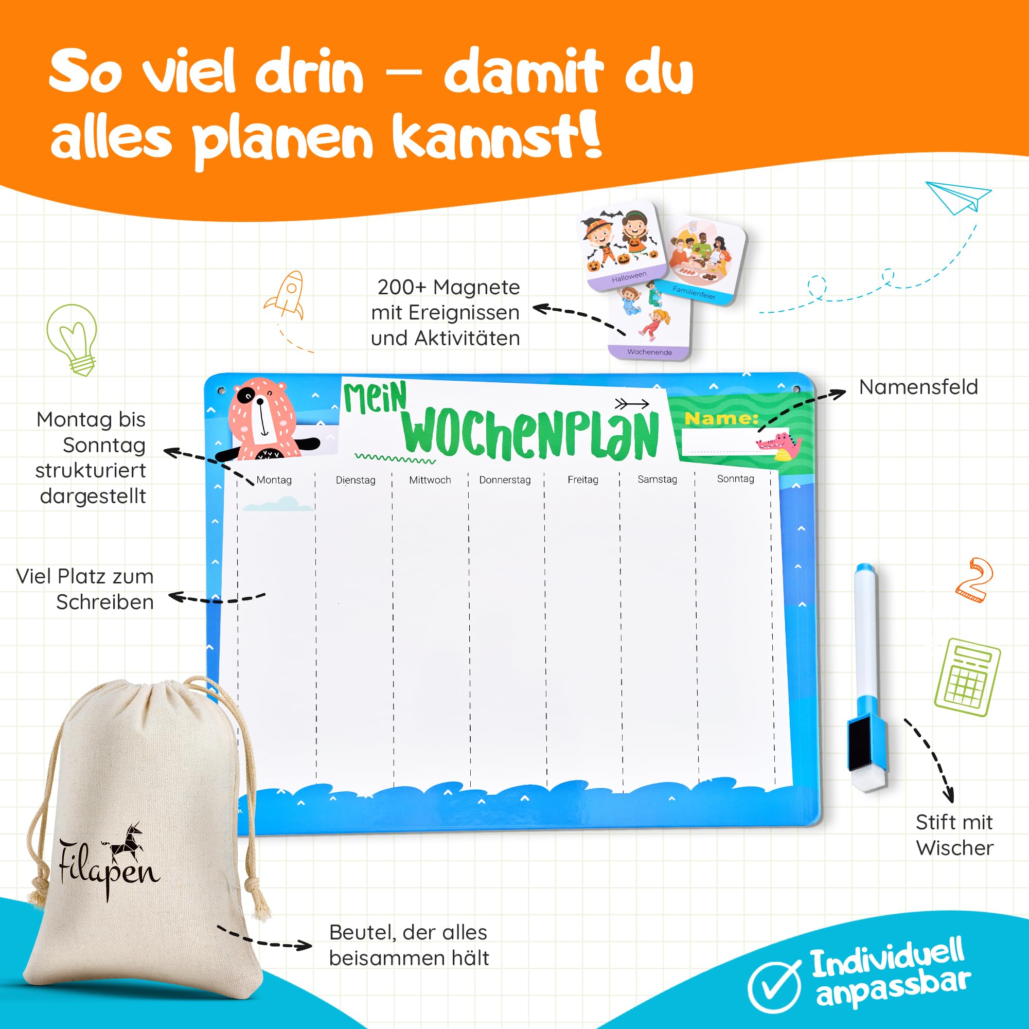 Filapen® Montessori planer tygodniowy dla dzieci – tablica magnetyczna w zestawie z 209 magnesami, woreczkiem materiałowym, długopisem i sznurkiem – planer zadań, kompletny zestaw do pisania i