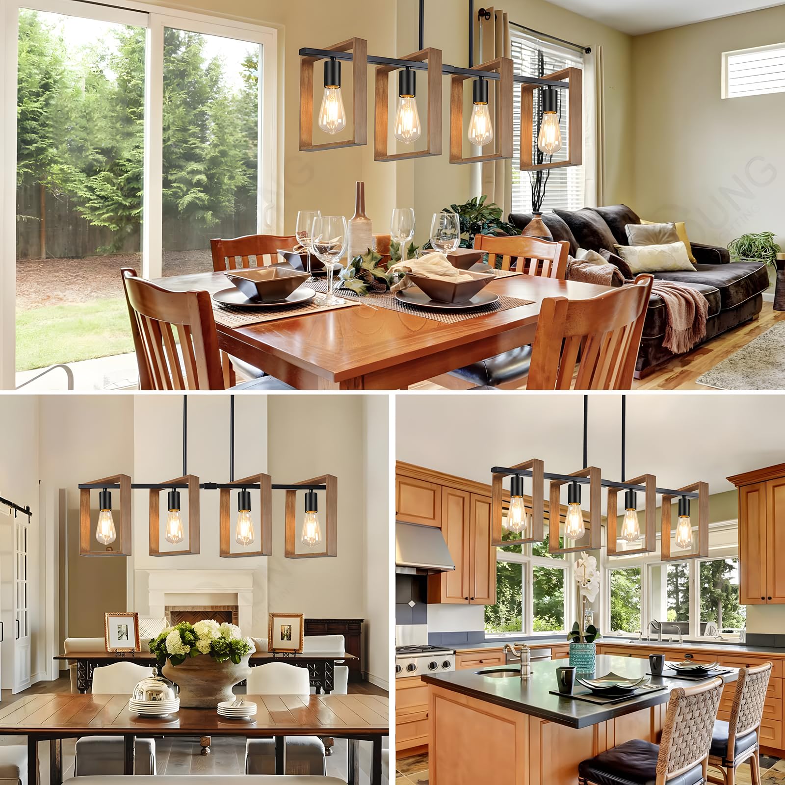 Iluminación De Isla De Cocina Negra, Lámpara De Comedor De 4 Luces De L80cm, De Altura Ajustable, Lámpara De Araña Con Marco De Madera, Cocina, Luces De Mesa De Billar, E27 (Bombillas No Incluidas)