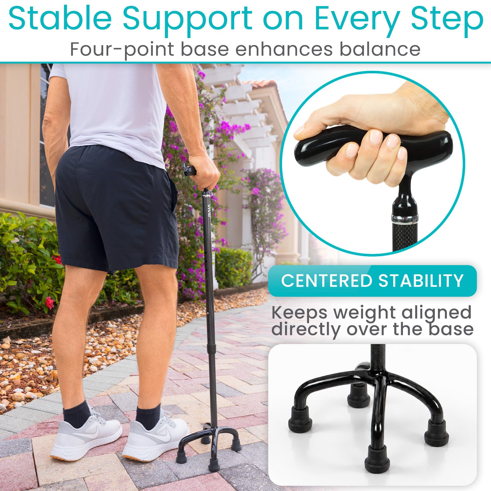 Vive Quad Cane - Bastón ligero de fibra de carbono para hombres y mujeres - Mango ergonómico ajustable - Puntas de goma antideslizantes de cuatro puntas para soporte de estabilidad derecha e izquierda