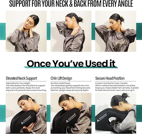 Miniatura 5 de Modern Advantage Almohada inflable de viaje para aviones con parte inferior adicional ajustable, soporte para la cabeza y la barbilla para evitar