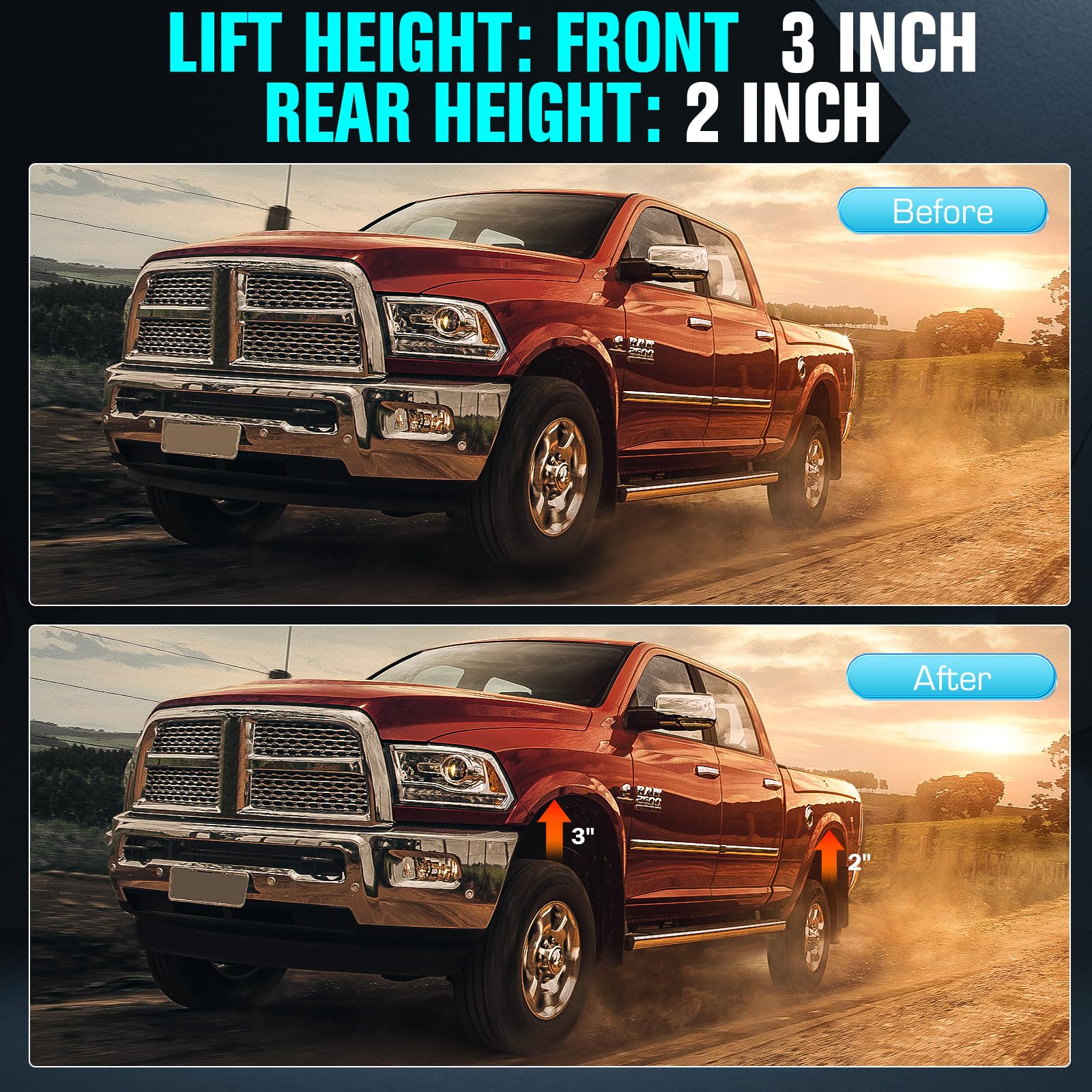 3" Front and 2" Rear Leveling Lift Kit for 2009-2019 Ram 1500 4WD 4X4, 2020-2023 Ram 1500 New Body Style 2WD 4WD with Front Strut Spacers and Rear Lift Spacer
