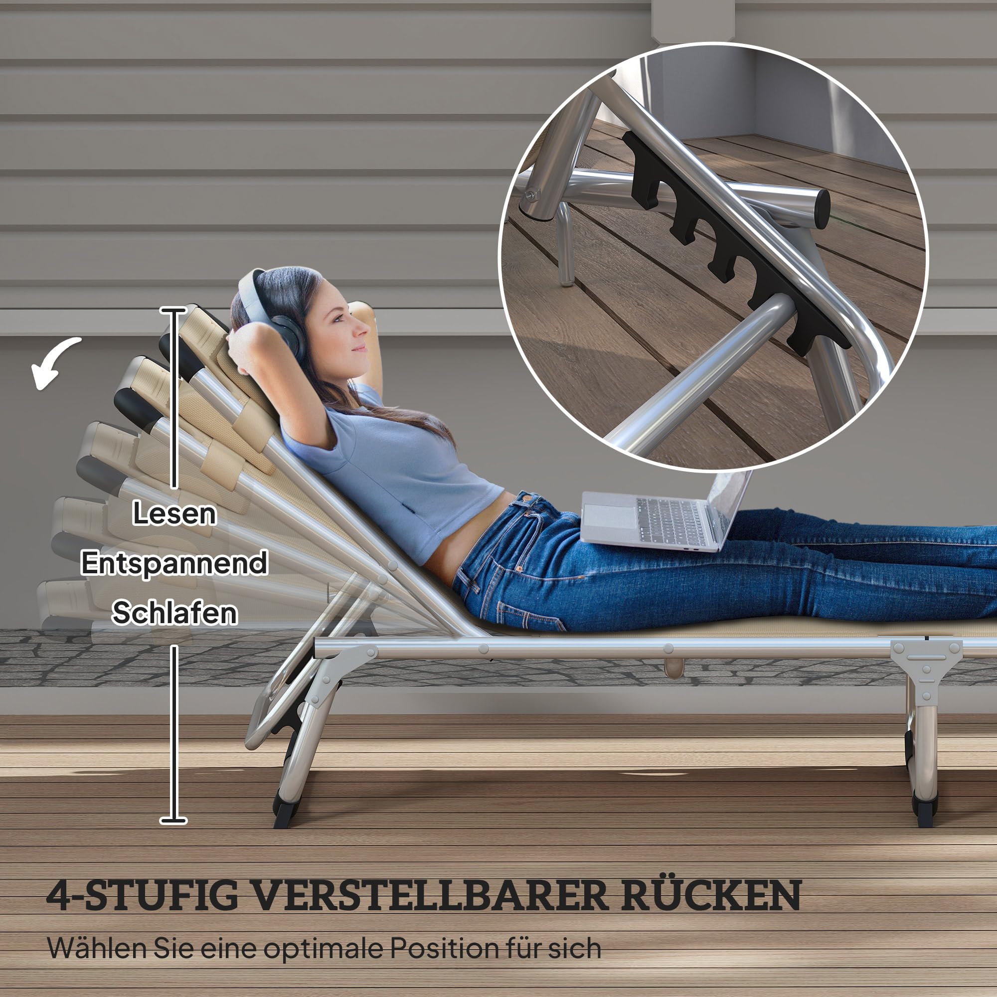 Outsunny Sonnenliege Alu Klappbar mit Kopfkissen Ergonomisch 120 kg Beige | Gartenliege, Relaxliege, 4-Stufig Verstellbare Rückenlehne, Alu, für Garten, Terrasse, Pool, Strand