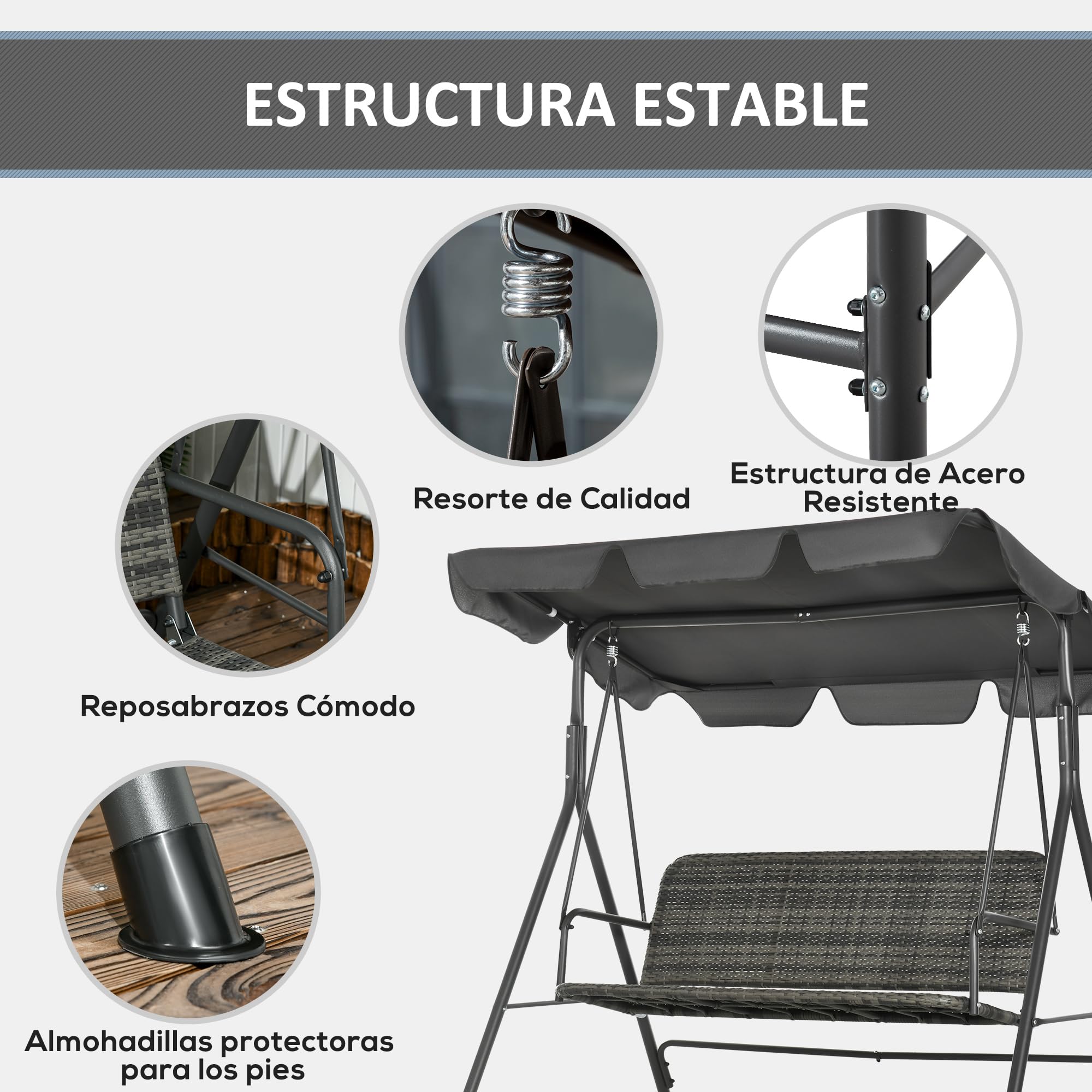 Outsunny Columpio de Jardín Exterior de 3 Plazas Balancín de Jardín Exterior con Toldo Ajustable Asiento de Ratán PE y Reposabrazos para Balcón Terraza Patio Carga 240 kg 167x112x153 cm Gris