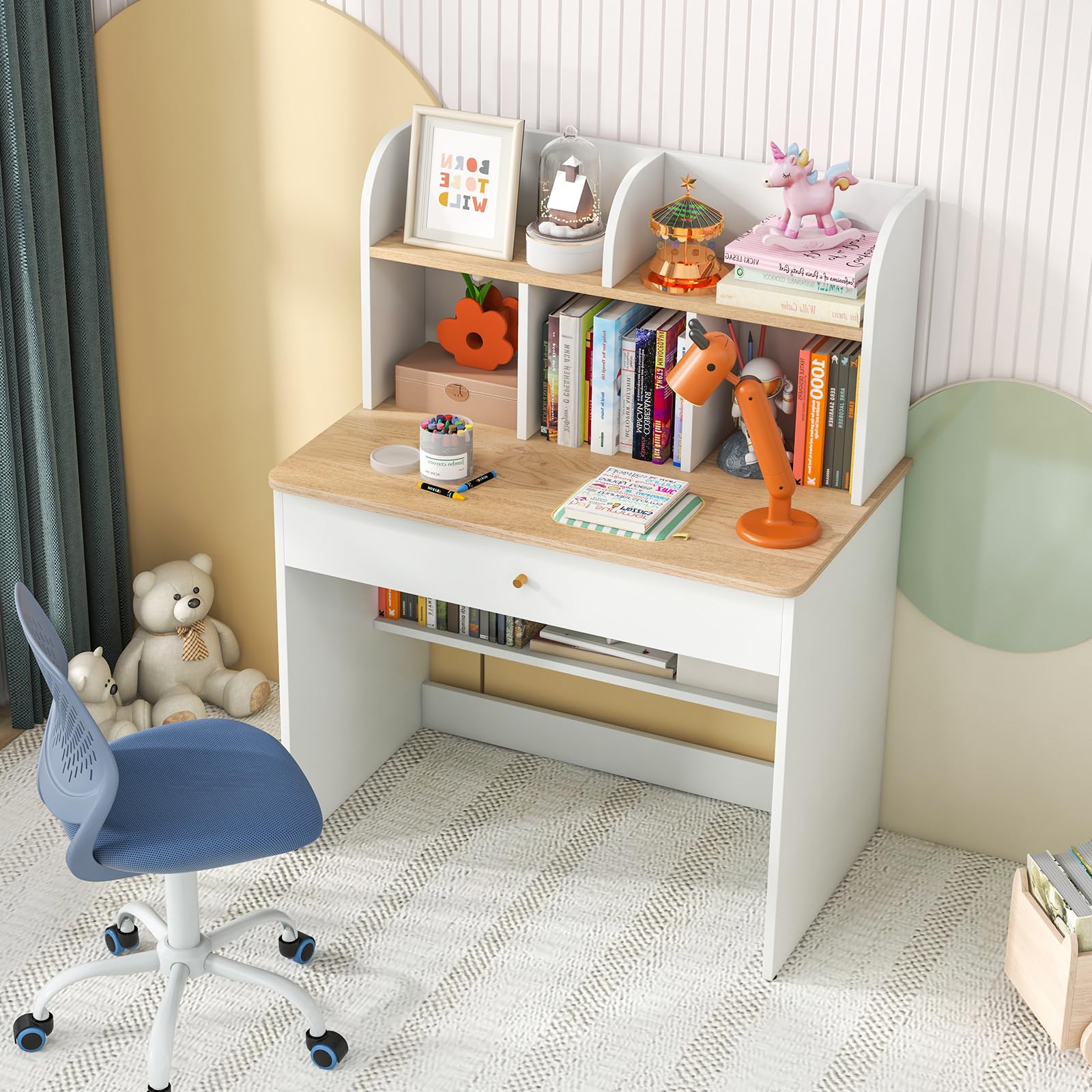 DREAMADE Schreibtisch Kinder aus Holz, Jugendschreibtisch mit Schublade & offener Ablagefächer & Regal, Schülerschreibtisch Kinderschreibtisch für Kinder ab 3 Jahren (Weiß+Natur)
