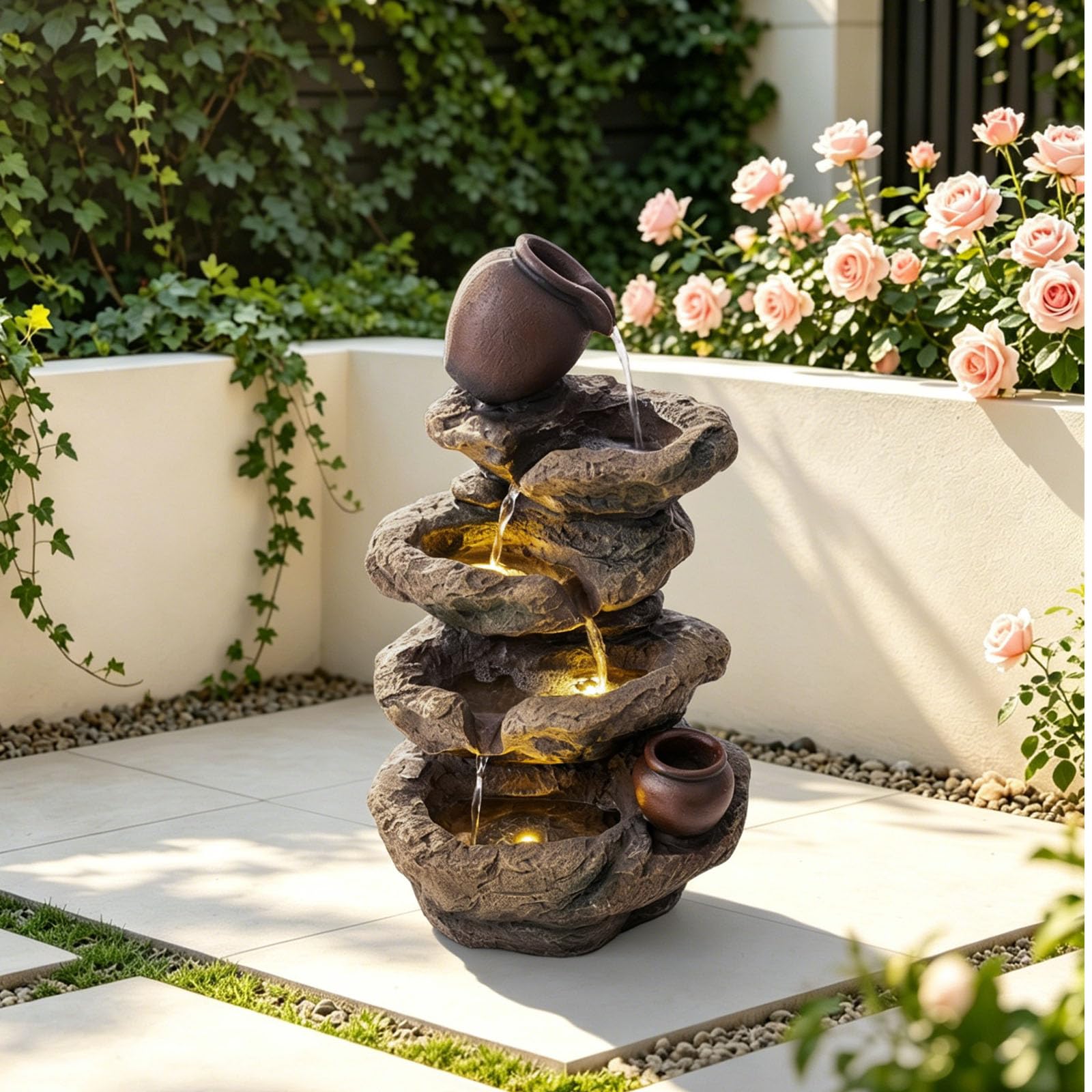 Rock &amp; Jar Outdoor Water Fountain, Resin with LED Light