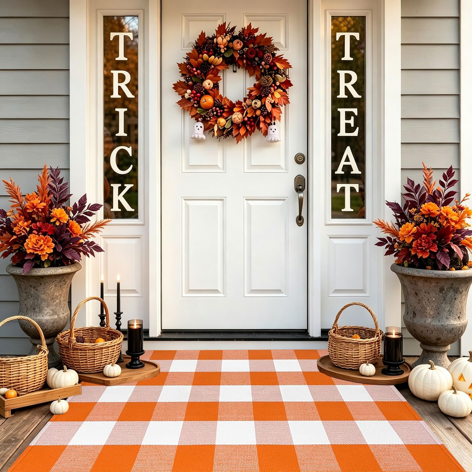 Fall Door Mat 2'4" x 3'7" Orange and White Bufflao Plaid Rug Layered Mat | Fall Front Porch Décor Washable Halloween Doormat Farmhouse Thanksgiving Door Mats Rug for Front Porch, Entryway, Patio