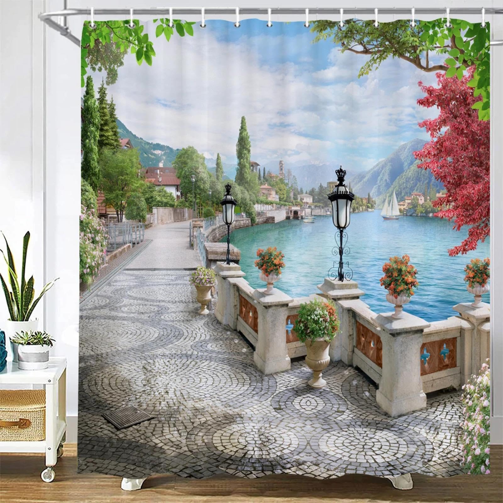 Rideau de douche floral 3D pour ambiance rétro nordique de salle de bain