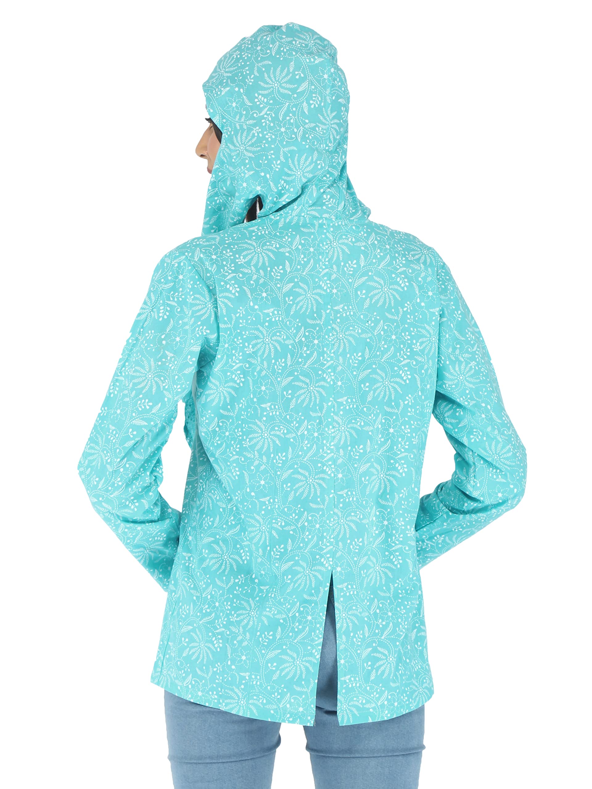 CHARVI Women's Cotton Floral Printed Summer Coat with Cap | Helps to Protect From Sunrays, Dust Pollution, Sunburn, Tanning of Skin | Ideal for Driving, Hot Summers, Traveling- (BHC25_46_Turquoise) - Image 2 thumbnail