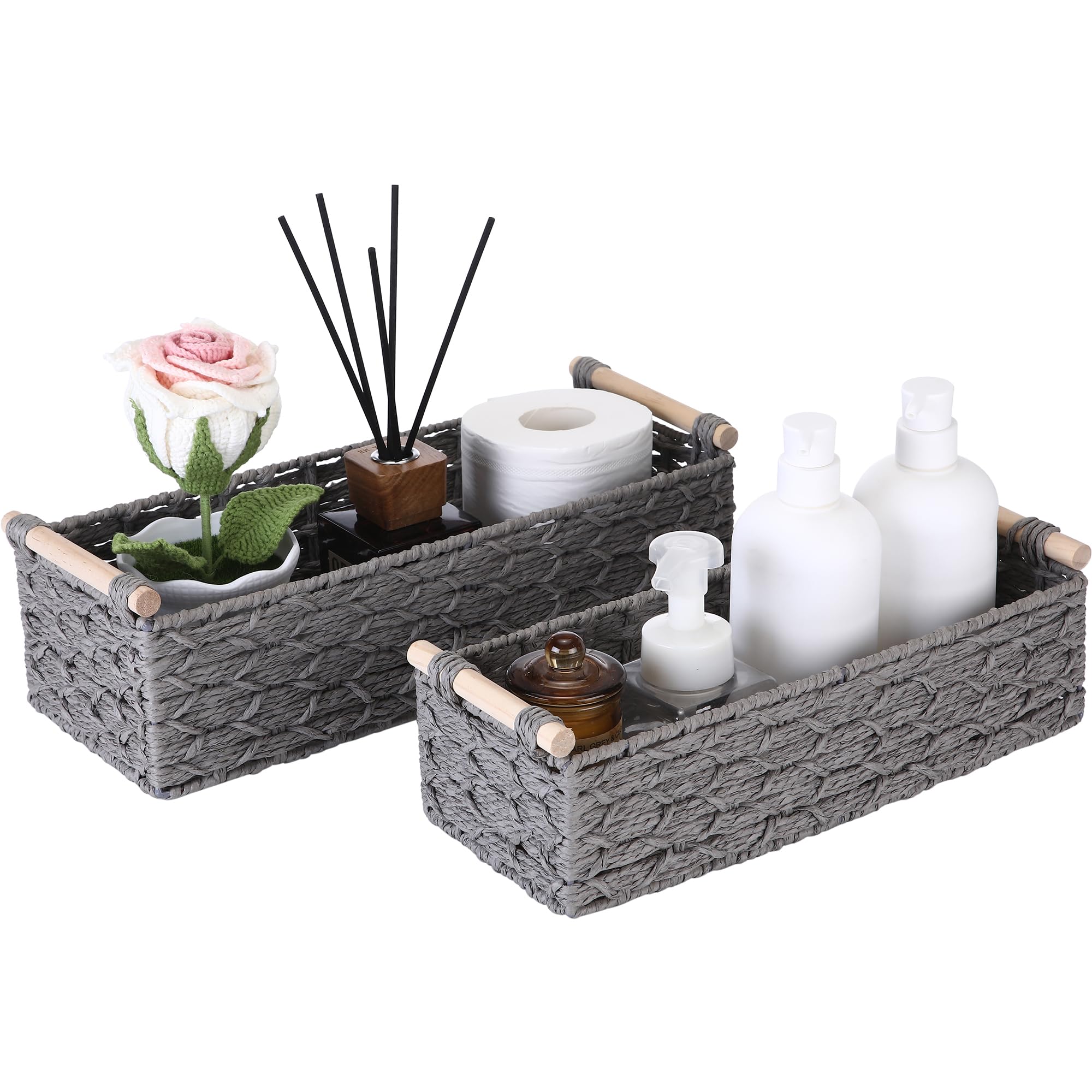 Sea Team 2 Pack Paper Rope Storage Baskets, Large & Small Woven Toilet Paper Organiser with Wooden Handles, Decorative Basket for Bathroom, Living Room, Bedroom & Shelves, Grey