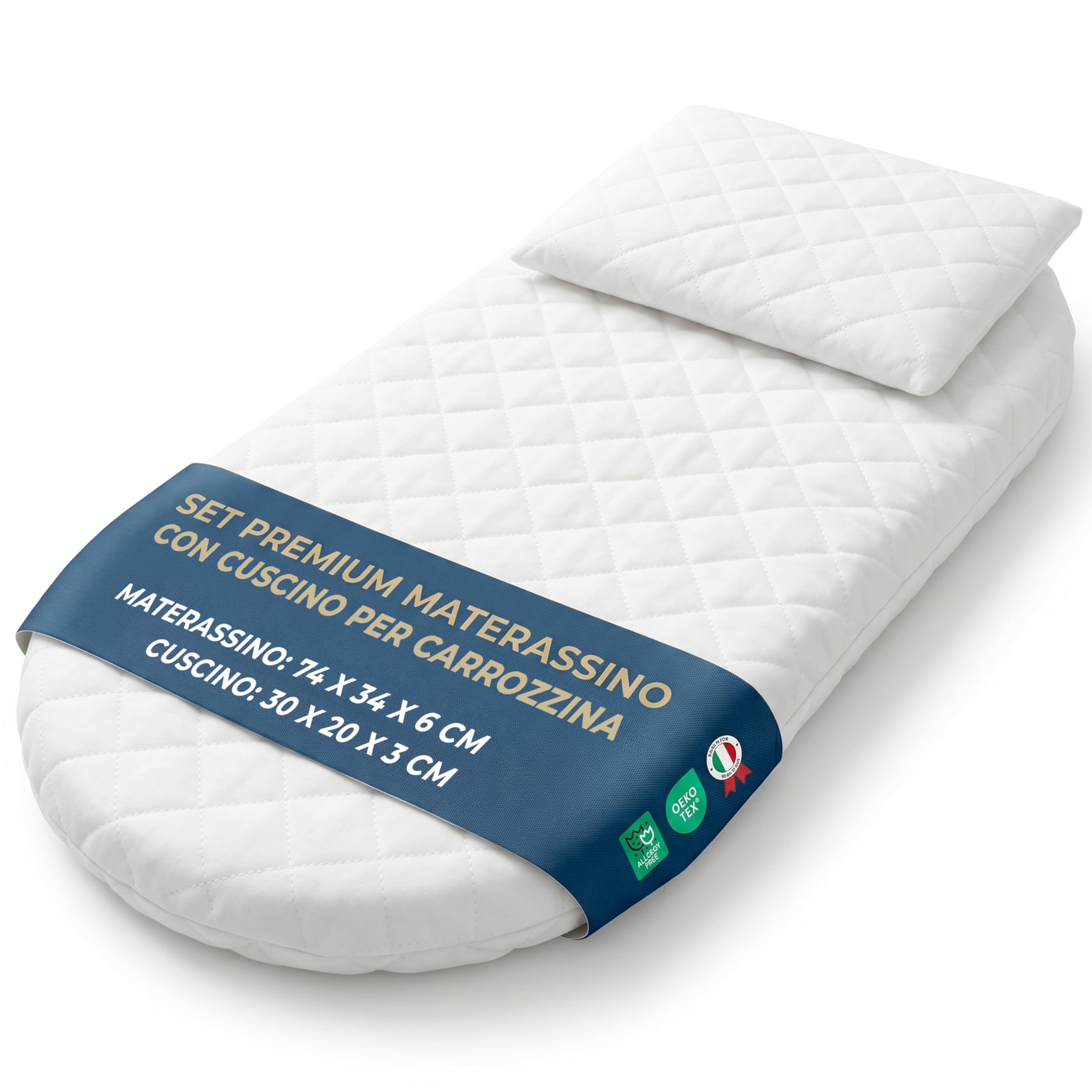 Manami® Materasso Culla e Navicella con Cuscino, Made in Italy, Cotone Trapuntato Sfoderabile, Materasso Carrozzina Traspirante per Neonato, 74x34x6 cm