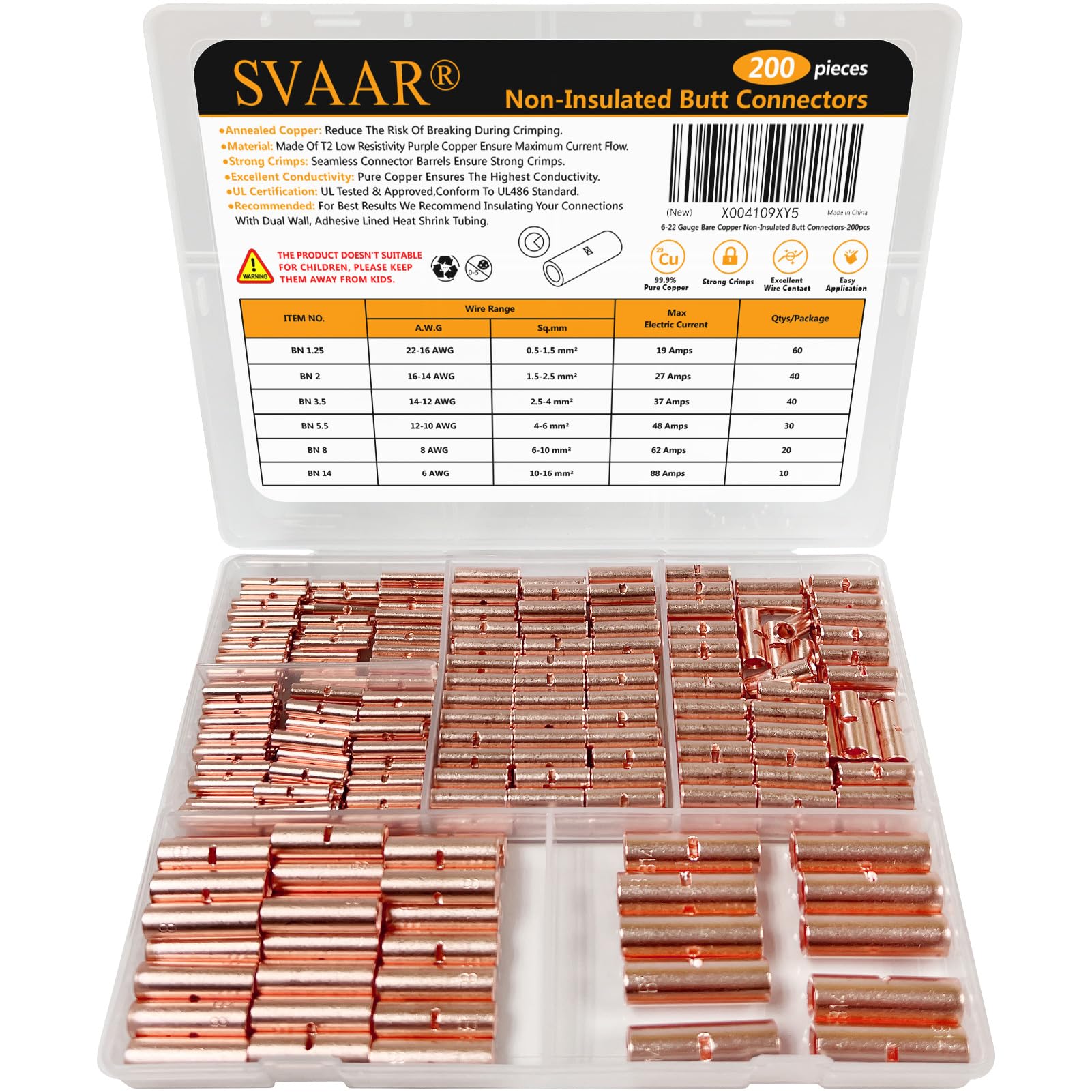 SVAAR 200PCS Non-Insulated Butt Connectors Kit 22-6 AWG Butt Splice Connector Pure Copper Butt Splice Wire Connectors for 6-22 Gauge Wire Crimp Butt