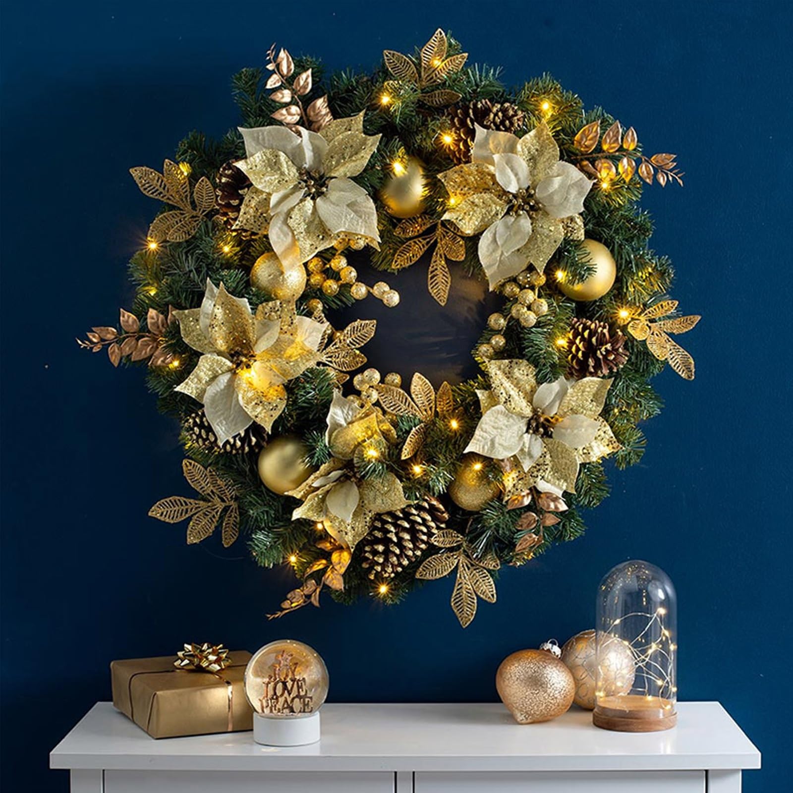 OPFdfhDFH Christmas wreaths, Pre-Lit Artificial Christmas Wreath, Real Touch Garland, with Pine Cones, Red Ball, Flower, Decorations for Door Wall & Mantel(Gold,80cm/31.4in)