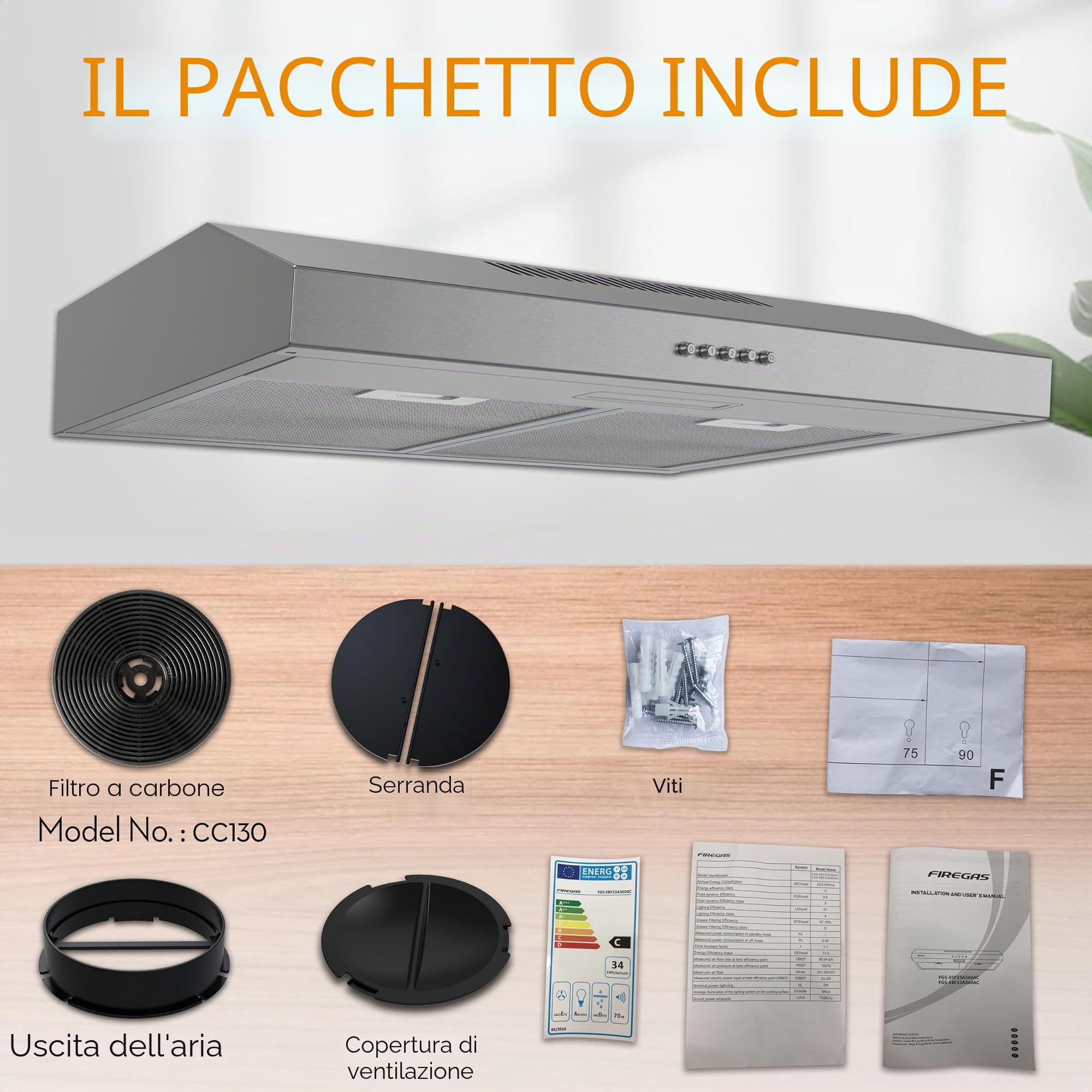 FIREGAS Cappa Aspirante 60 cm, Cappe a muro, Sottopensile Cappa da Cucina, 3 Velocità, Luci LED, Modalità di Scarico e Ricircolo, Argento