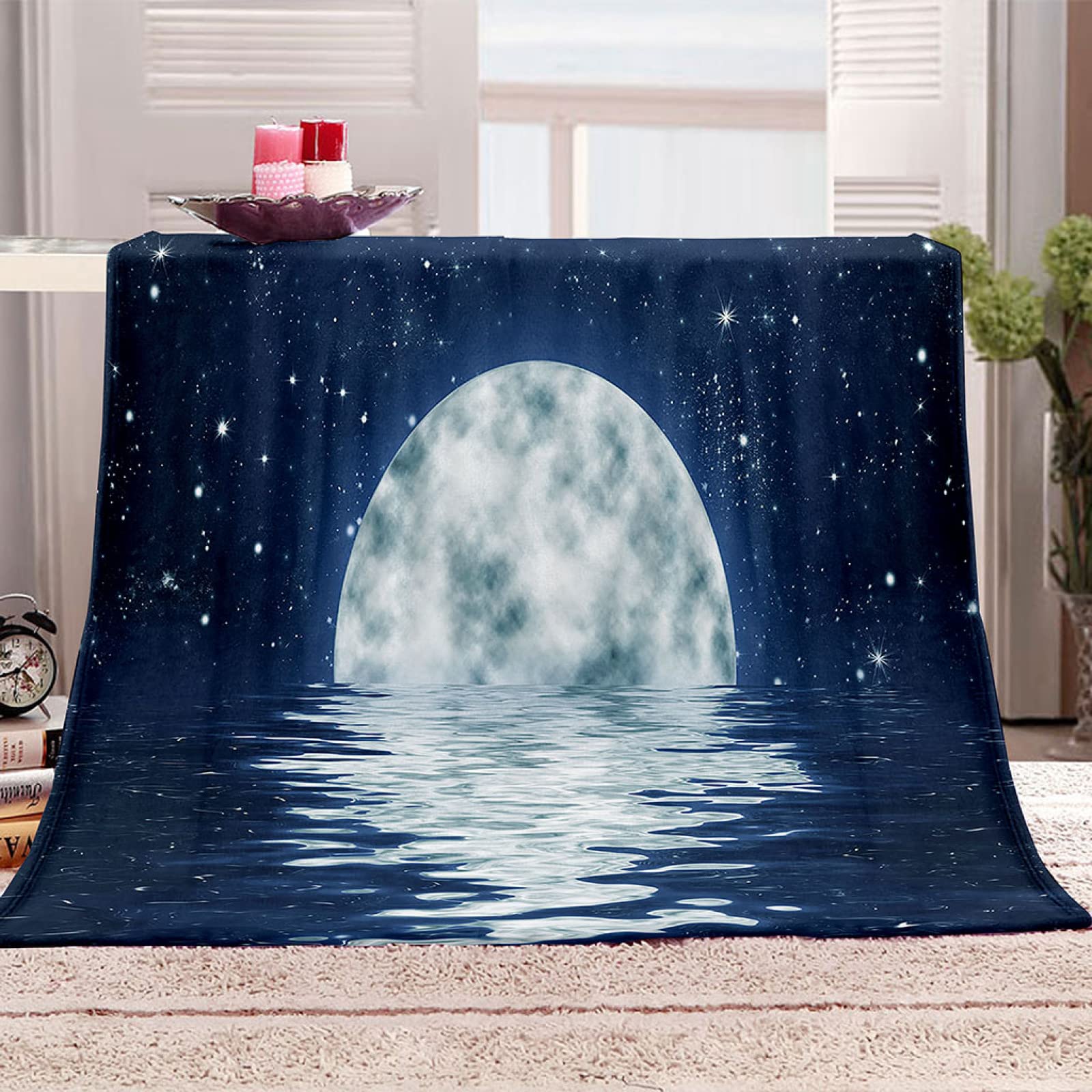 Couverture en flanelle paysage lune bleue pour adultes et enfants