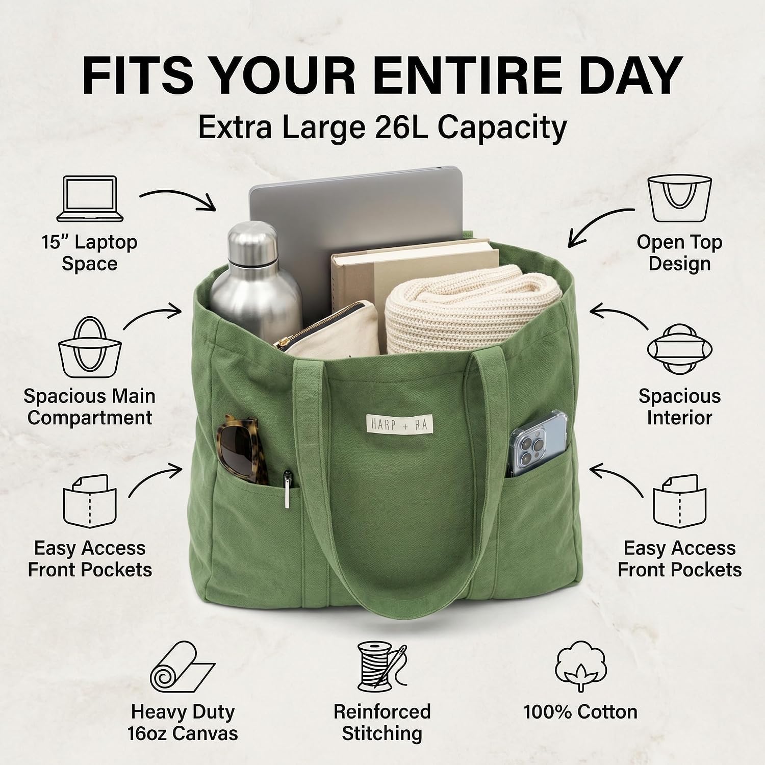 26L Harp + Ra XL Soft Unstructured Canvas Tote Bag for Women, Open Top, No Zipper, Laptop Sleeve, 3 Pockets, 23x18x7 in | Oversized, 16oz cotton canvas, Fits 15 inch laptop, Front slip pockets, Wide shoulder straps, for work, gym, beach