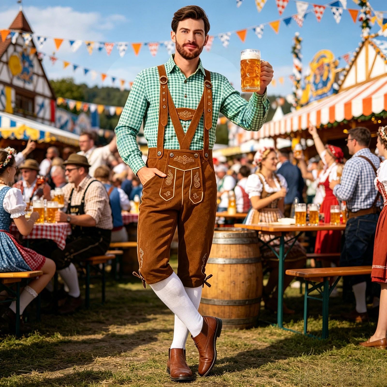 Generisch Oktoberfest Herren Outfit, traditionelles bayerisches Hosenträgerhosen-Set mit klassischem Karohemd, komfortable Passform für langanhaltende Festnutzung und Rollenspiele
