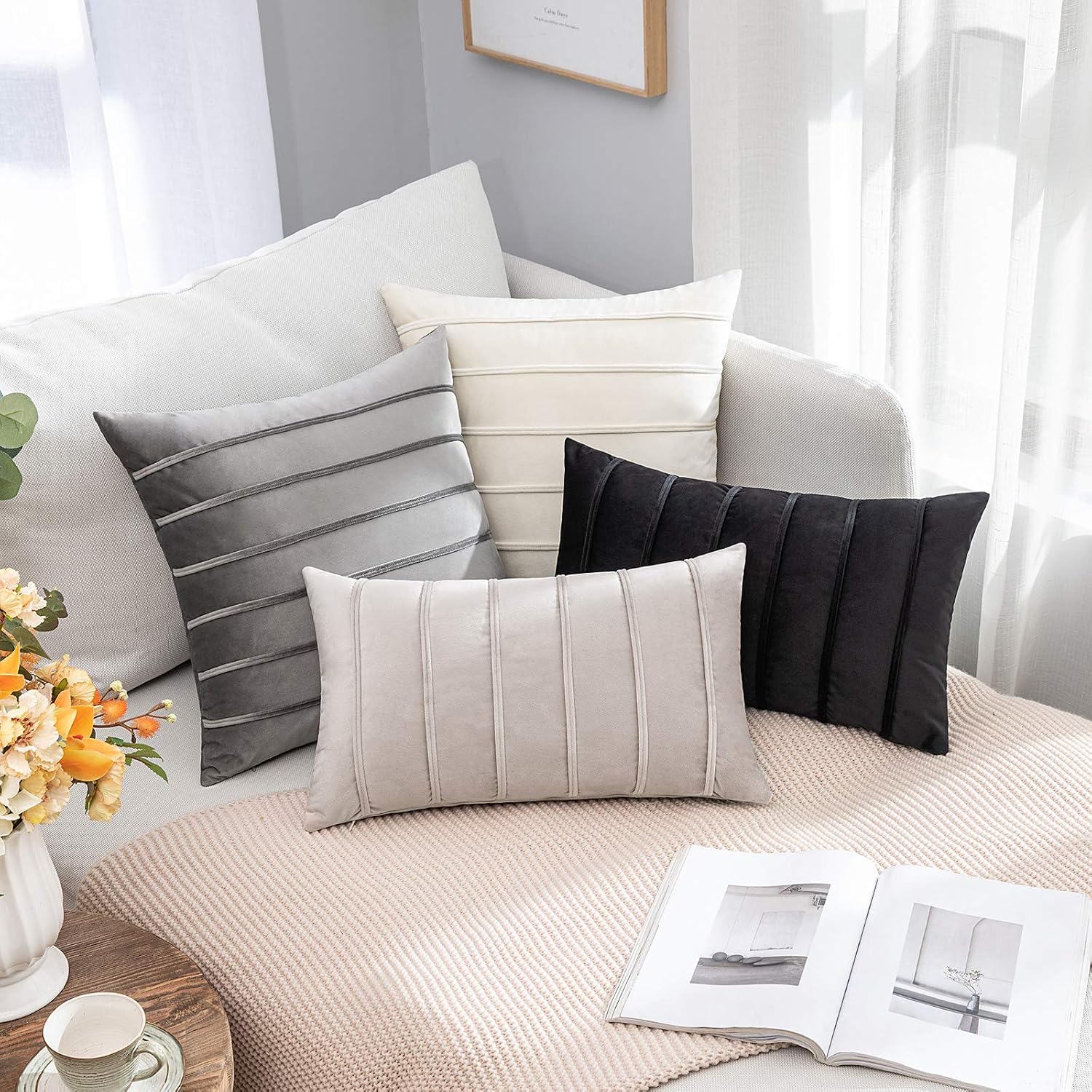 MIULEE Decorative Velvet Throw Pillow Covers Soft Solid Pillowcases Striped Lumbar Rectangle Cushion Covers for Couch Sofa Bed Living Room 12x20 inch, Pack of 2, Mix Pink and Grey