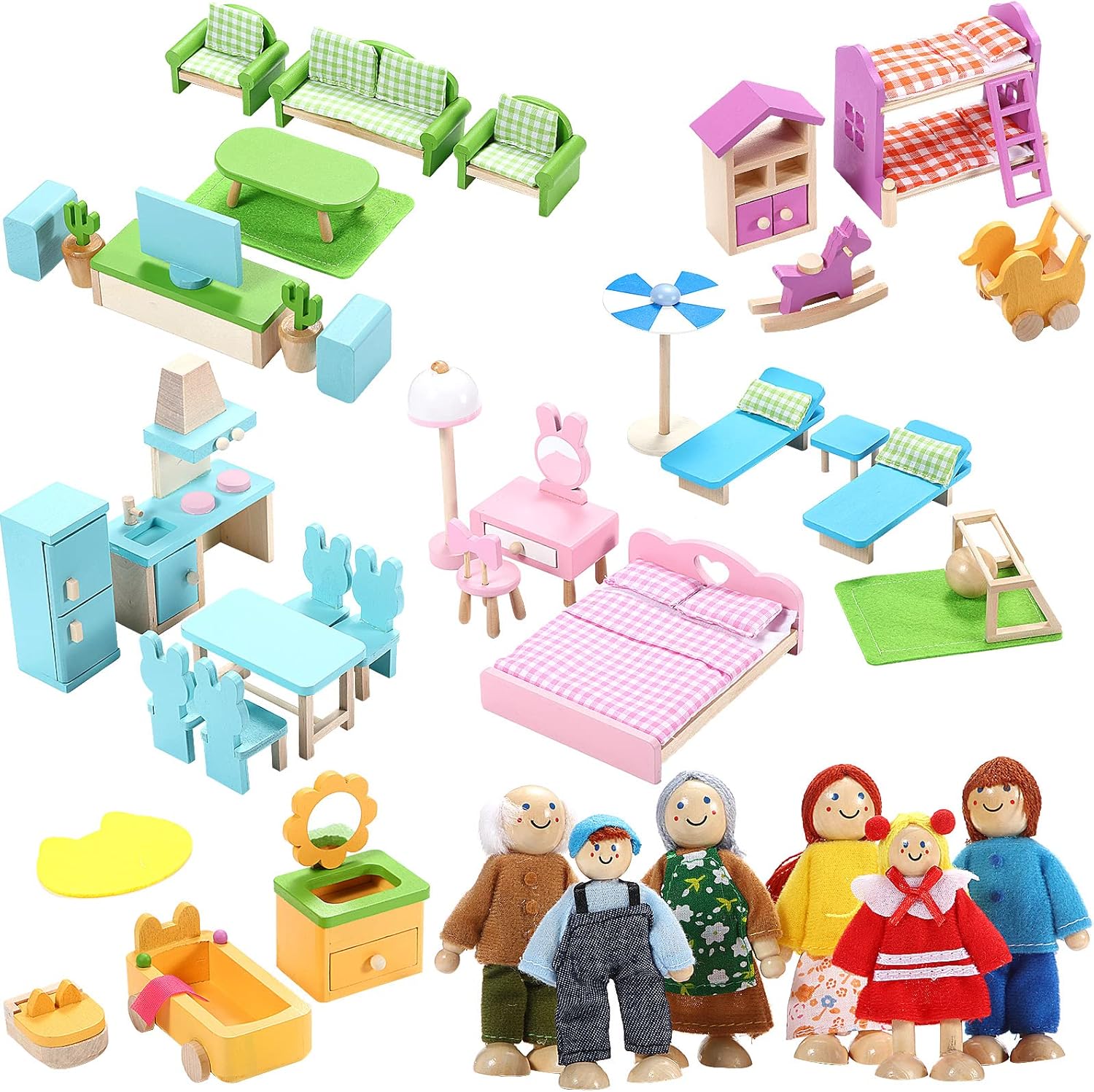 HyDren Wooden Dollhouse Furniture Set, 60Pcs Furnitures
