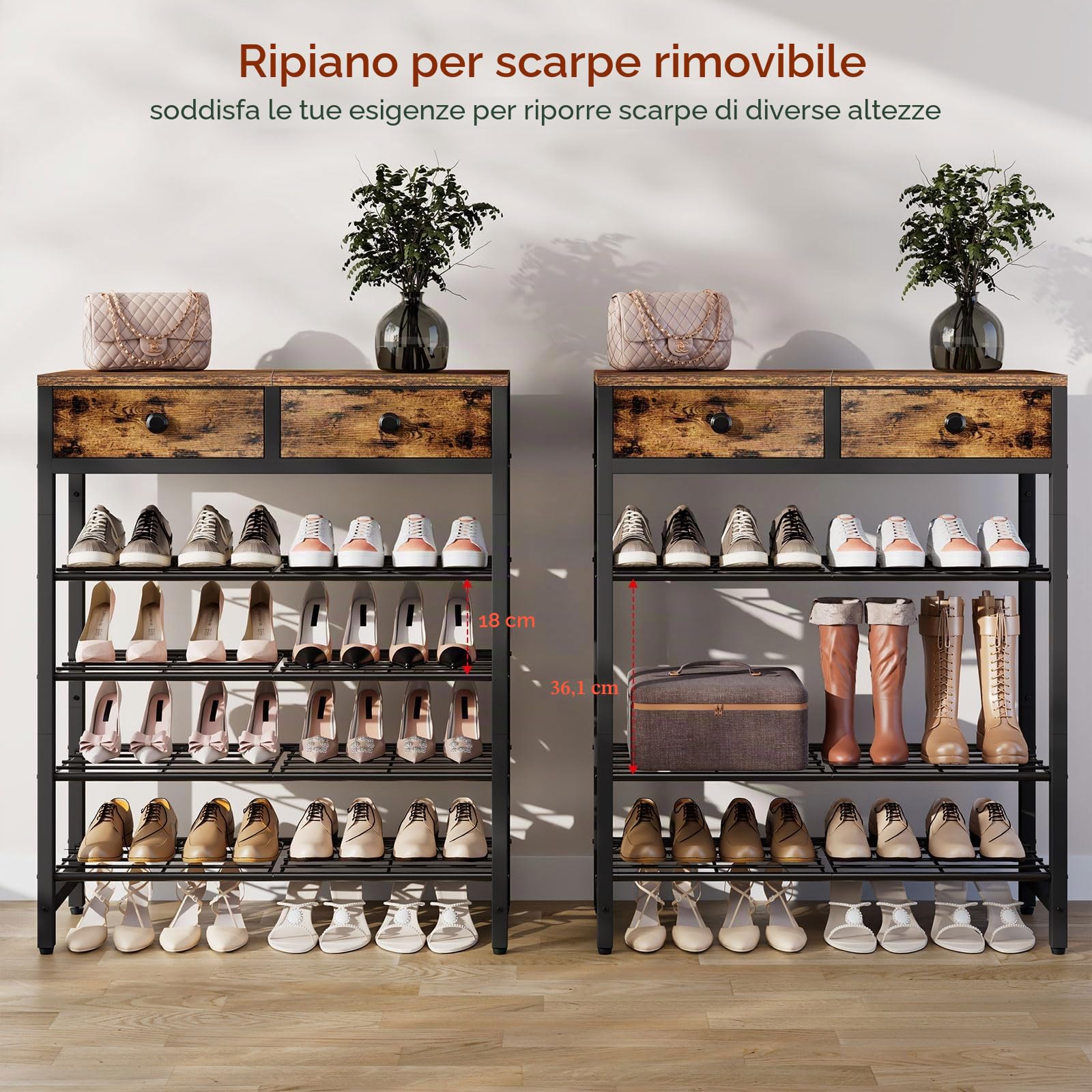 IBUYKE Scarpiera con 5 Ripiani, Scaffale Portascarpe con Ripiano per 12-16 Paia di Scarpe, Salvaspazio Scarpiera in Metallo con 2 Cassetti per Ingresso Corridoio Soggiorno, Marrone Rustico TXJ041H