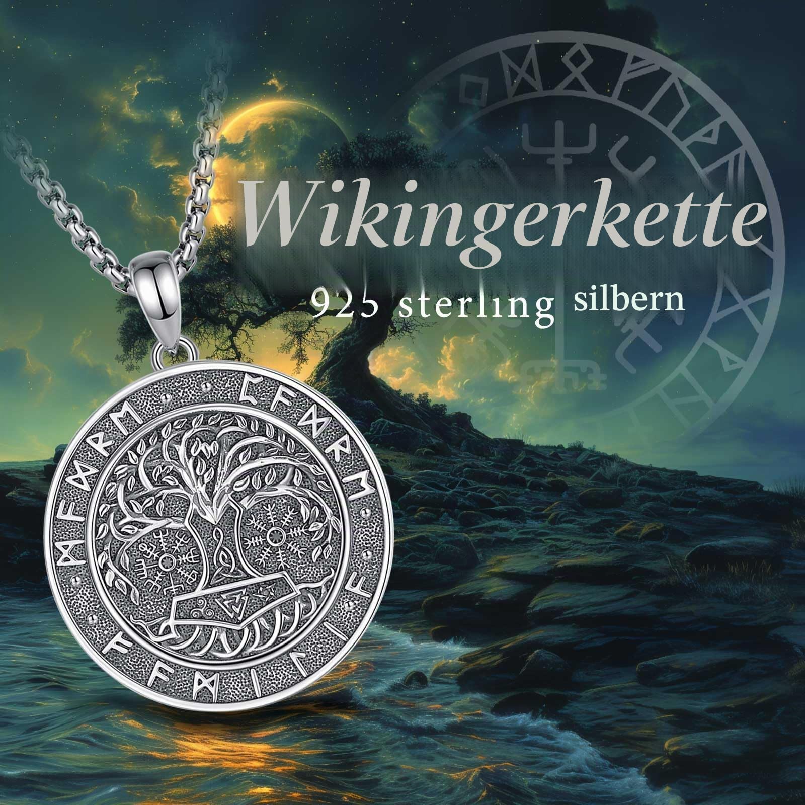 INFUSEU Wikinger Halskette für Männer, 925 Sterling Silber Lebensbaum Yggdrasil Anhänger Wolf Schmuck Valknut Jormungandr Odin Raven Allah Geschenk für Männer