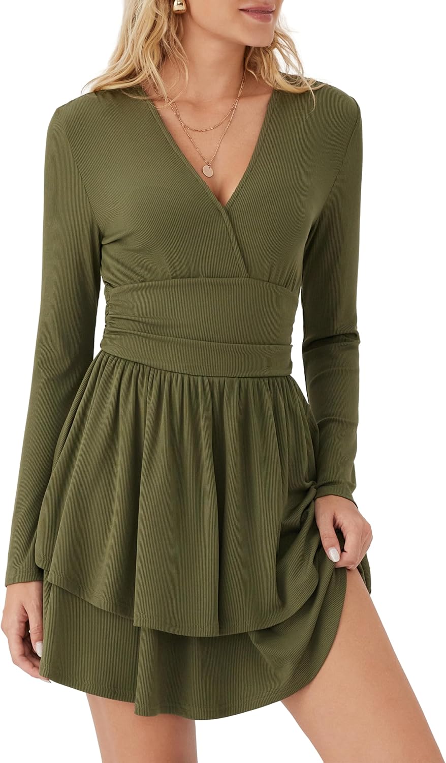CIDER Womens Long Sleeve V Neck Dress Ruffle Tiered Mini Skirt Casual Dress - Image 3