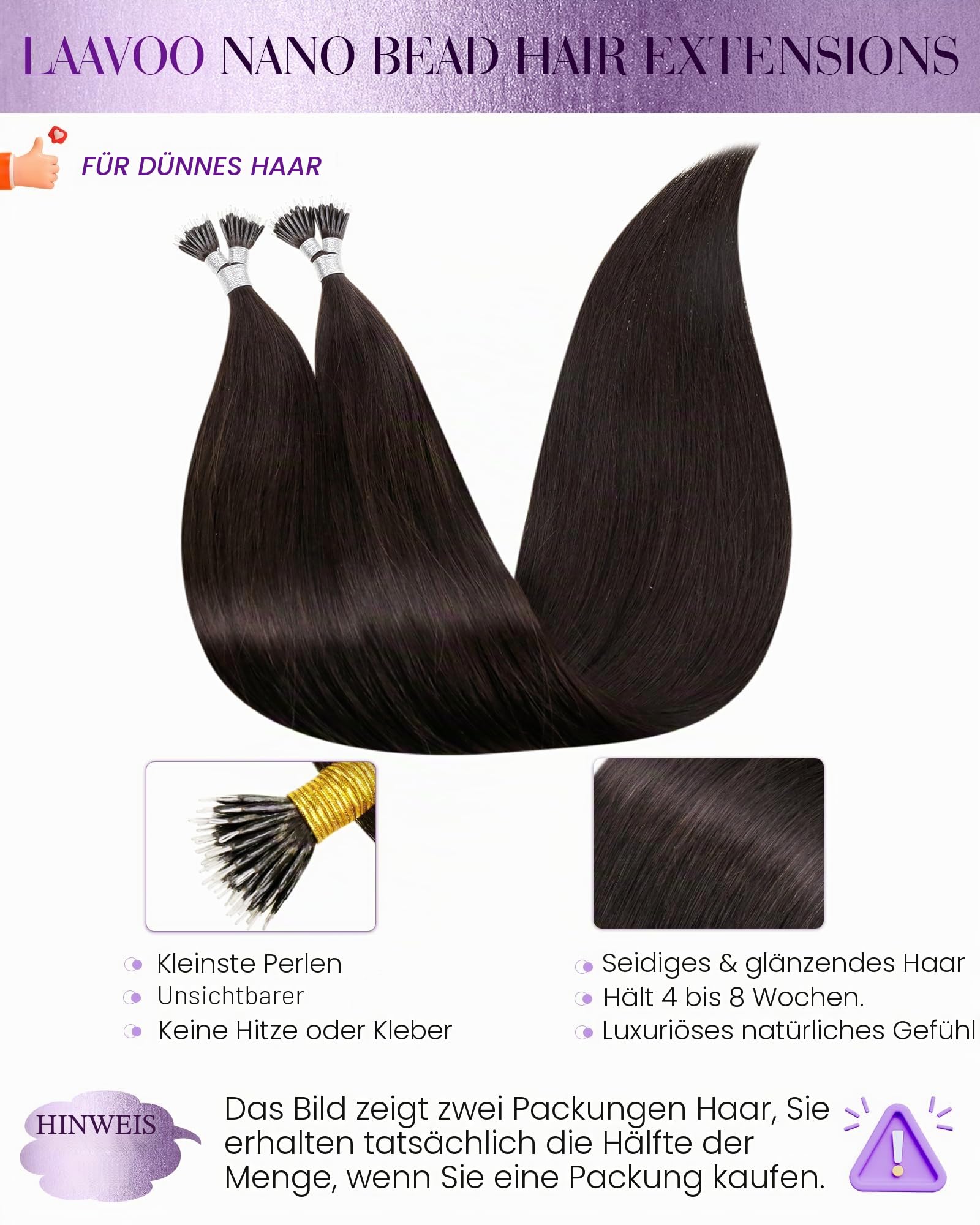 LaaVoo Nanoring Extensions Echthaar Braun Haarverlangerung Nano Ring Echthaar Dunkelbraun Naturlich Nanoring Haar Extensions Glatt 45cm 50g 50s 1g/1s #2