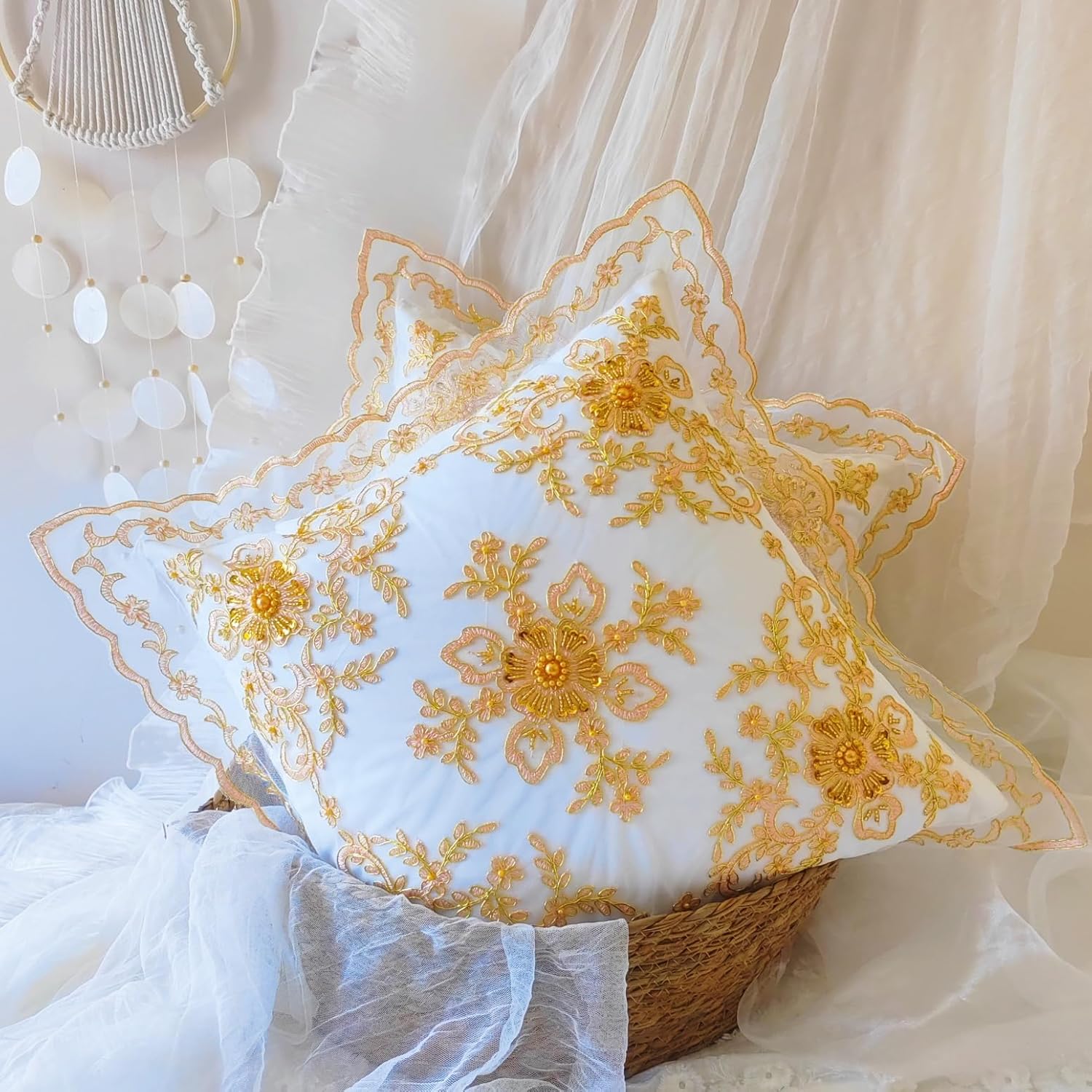 Vintage French Throw Pillow Cover,Gold Beaded Embroidery Pillowcase with Lace Trim, 18x18 Inch,Set of 2 - Luxurious Home Décor, Ideal for Weddings & Special Occasions