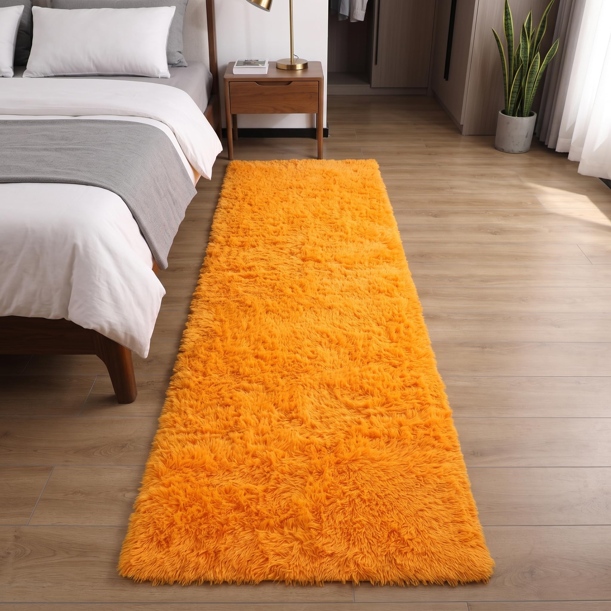 Oxford Homeware Rugs Living Room – Fluffy Ochre Area Rugs for Bedroom, Hallway Runner Rug 60 x 220 cm Anti Slip – Modern Super Soft Rug Washable Floor Carpets