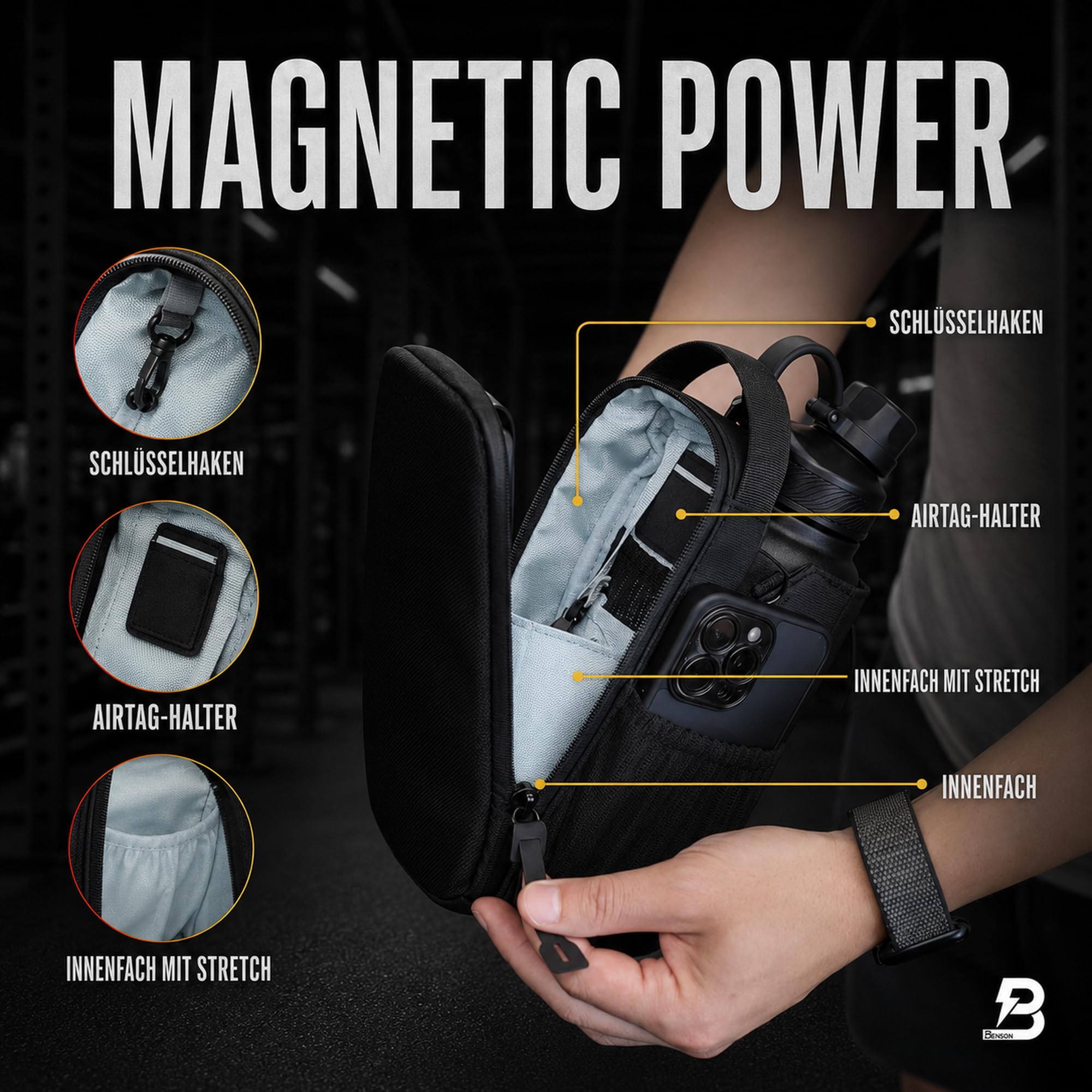 Benson Sac de fitness magnétique - Sac banane avec fixation magnétique puissante - Porte-bouteille pour bouteilles jusqu'à 3000 ml - Compartiment pour téléphone portable - Mousqueton - Pour homme et