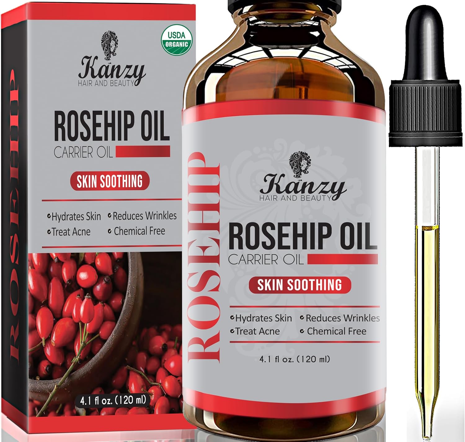 Kanzy Rozenbottelolie Pure 100% Biologische Koud Geperst 120ML, Rosehip Oil Veganistische Behandeling voor Huid, Gezicht, Haar, Nagels met Rijke Vitamins (120ml)