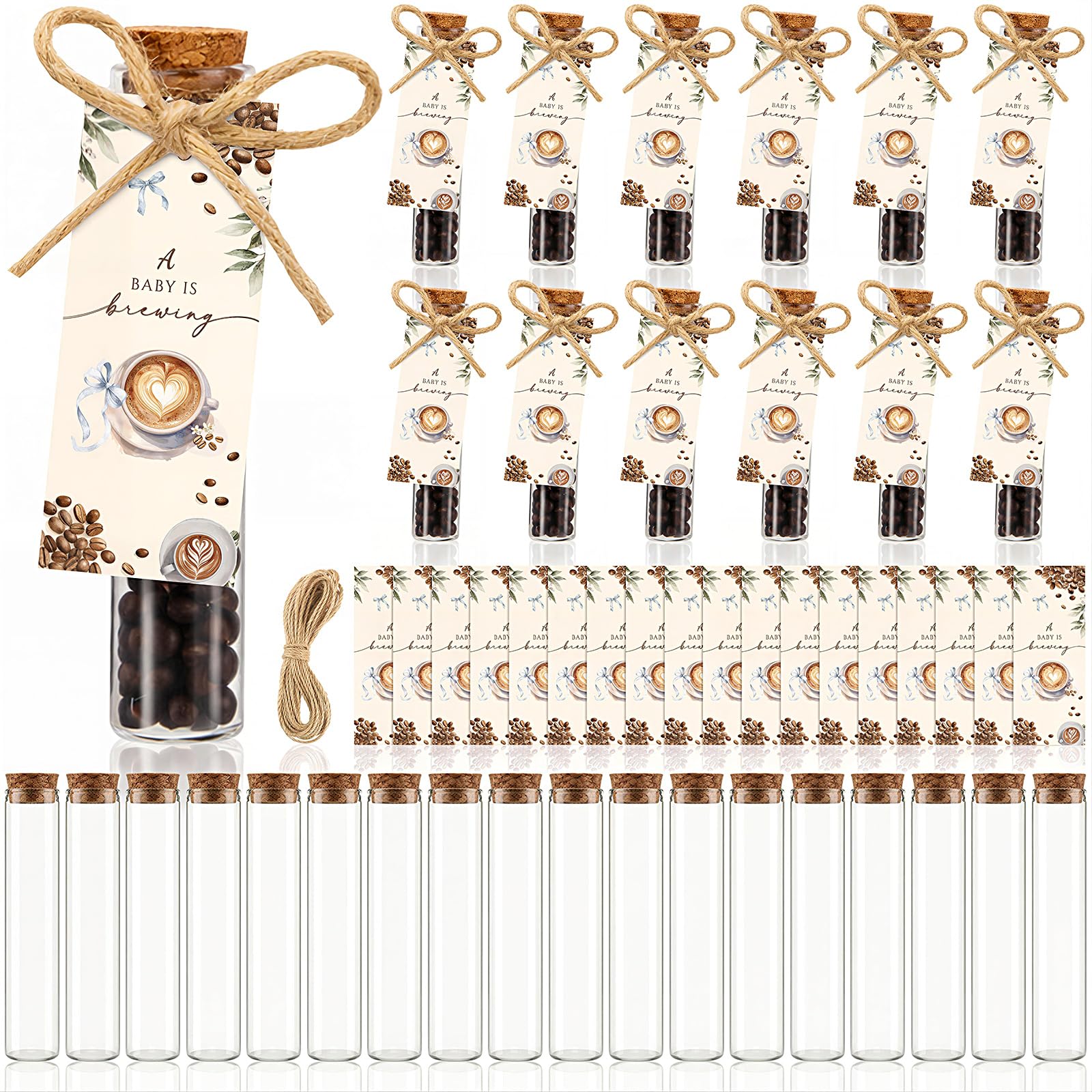 Domensi 30 Set a Baby Is Brewing Shower Decorations Coffee Themed Baby Shower Favors for Guests, Includes 30 Glass Bottles with Cork Stopper 30 Thank You Cards for Party Souvenirs Gift(Fresh,Brown)